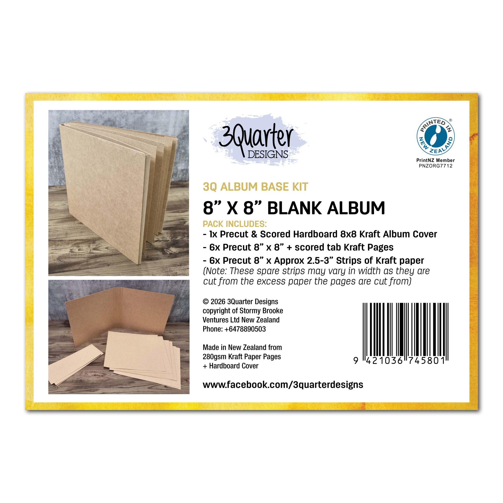 3Quarter Designs 8x8 kraft album base kit showing precut scored hardboard cover, kraft pages with tabs, and bonus kraft paper strips on wooden surface 