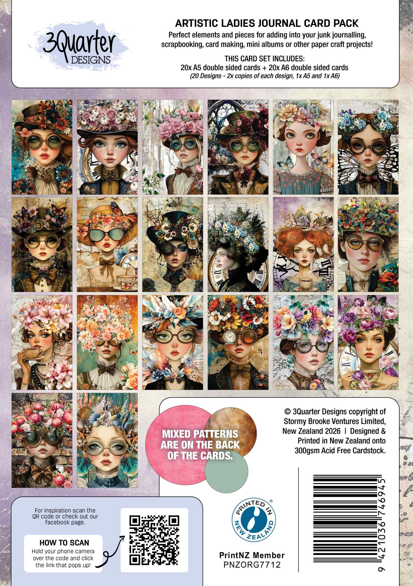 3Quarter Designs Artistic Ladies Art Junk Journal Card Pack back cover showing all 20 designs featuring illustrated ladies with decorative hats, printed on 300gsm acid-free cardstock in New Zealand 