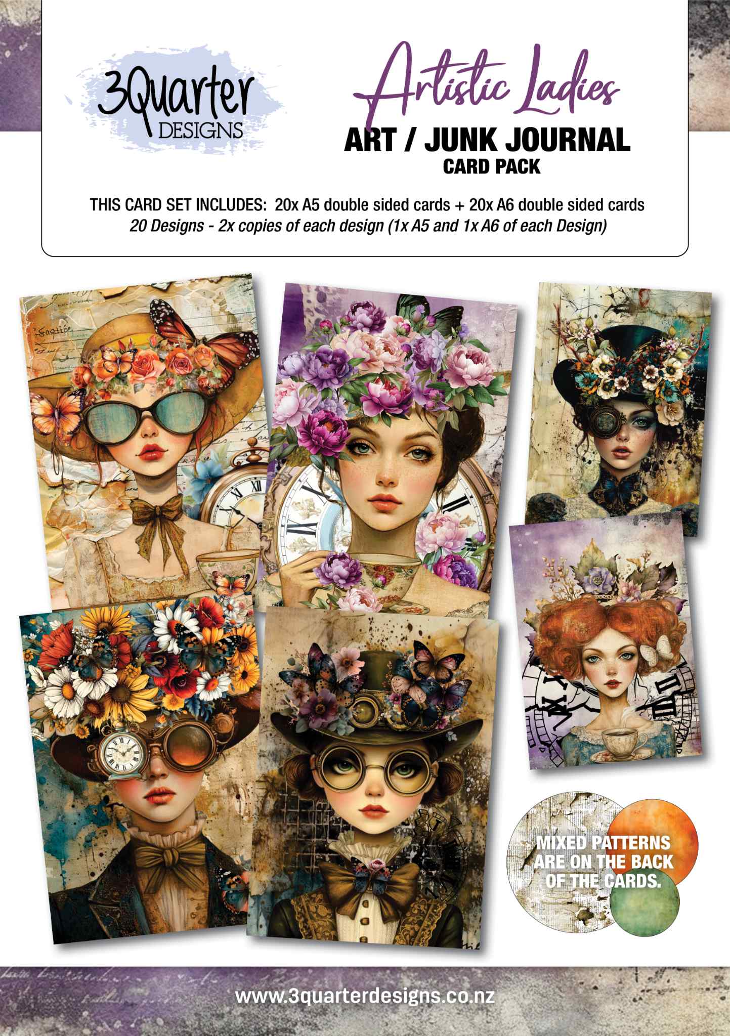 3Quarter Designs Artistic Ladies Art Junk Journal Card Pack front cover showing six double-sided A5 and A6 cards featuring whimsical illustrated women with floral and steampunk hats