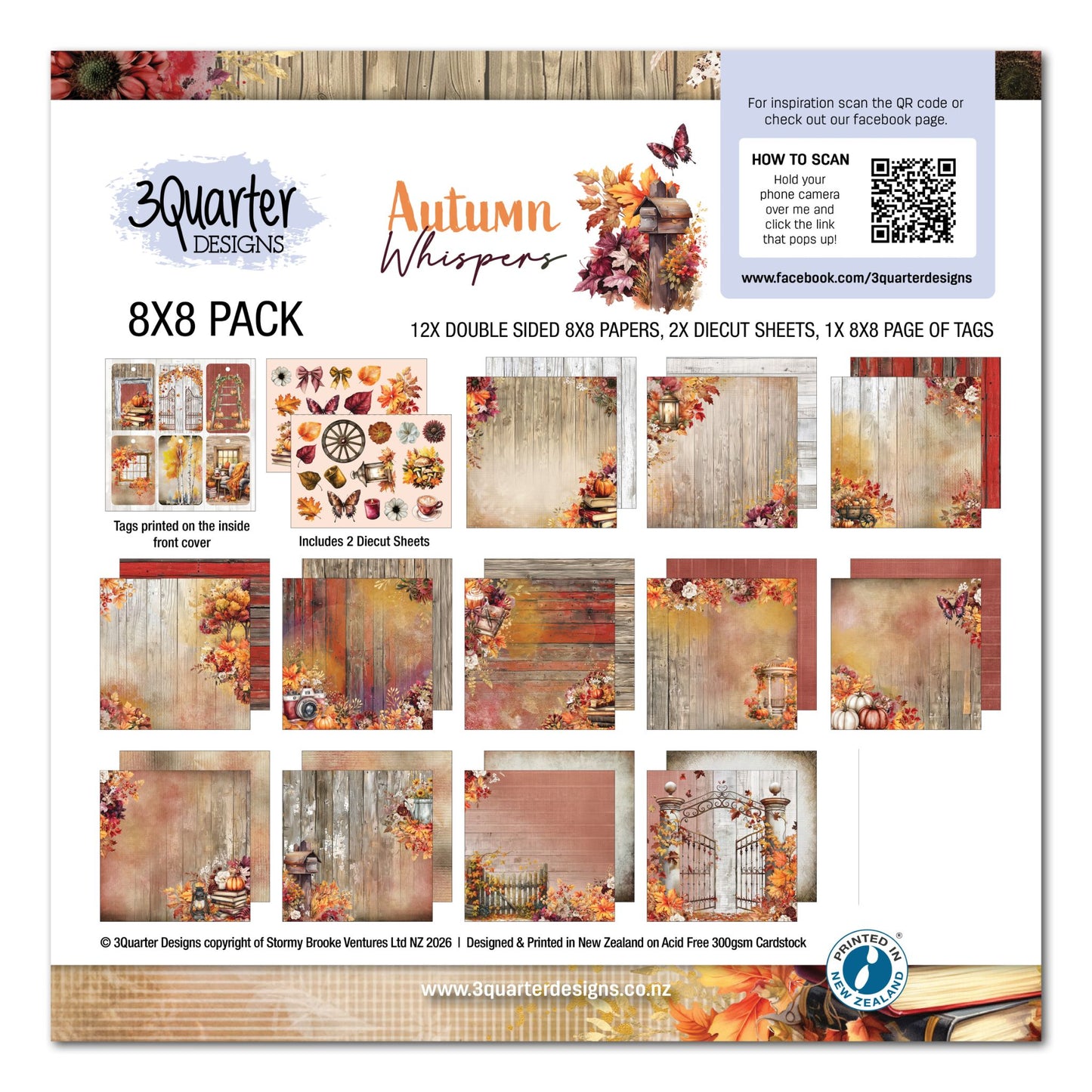 Autumn Whispers 8x8 Paper Pack by 3Quarter Designs – cover showing all 12 double-sided papers, 2 die-cut sheets and tag page contents