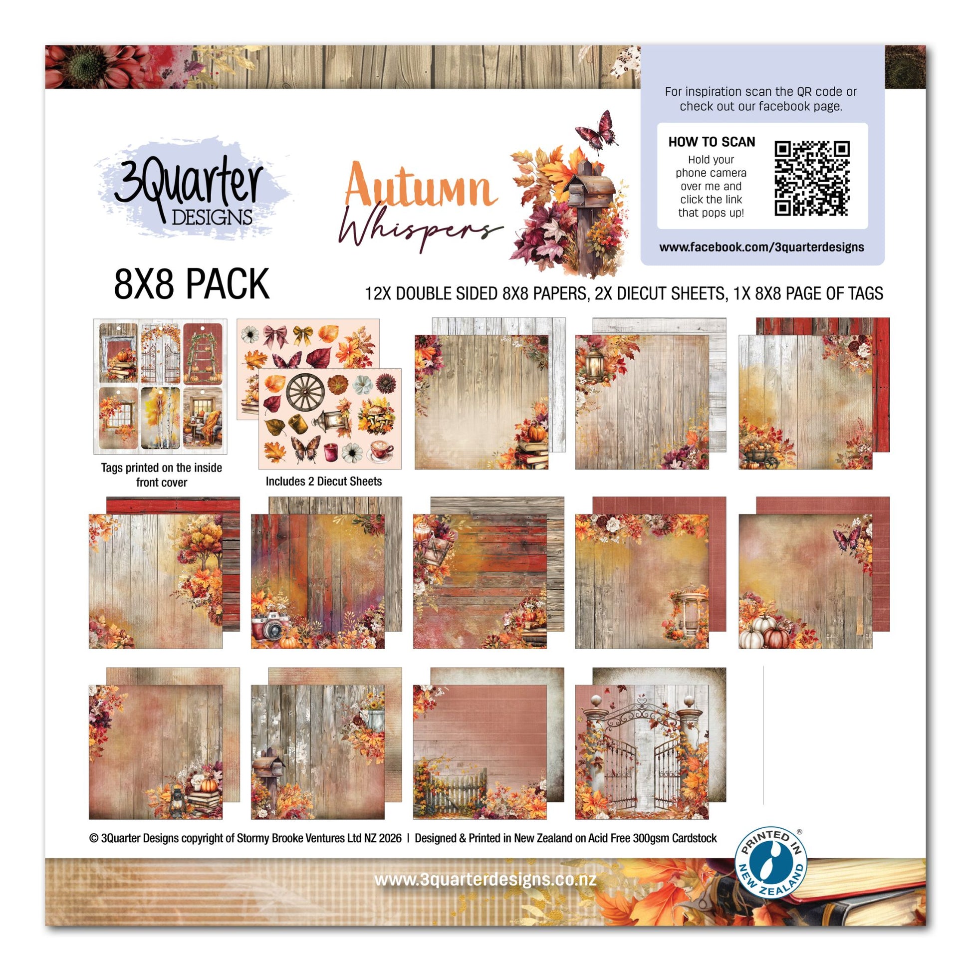 Autumn Whispers 8x8 Paper Pack by 3Quarter Designs – cover showing all 12 double-sided papers, 2 die-cut sheets and tag page contents