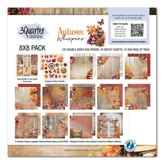 Autumn Whispers 8x8 Paper Pack by 3Quarter Designs – cover showing all 12 double-sided papers, 2 die-cut sheets and tag page contents