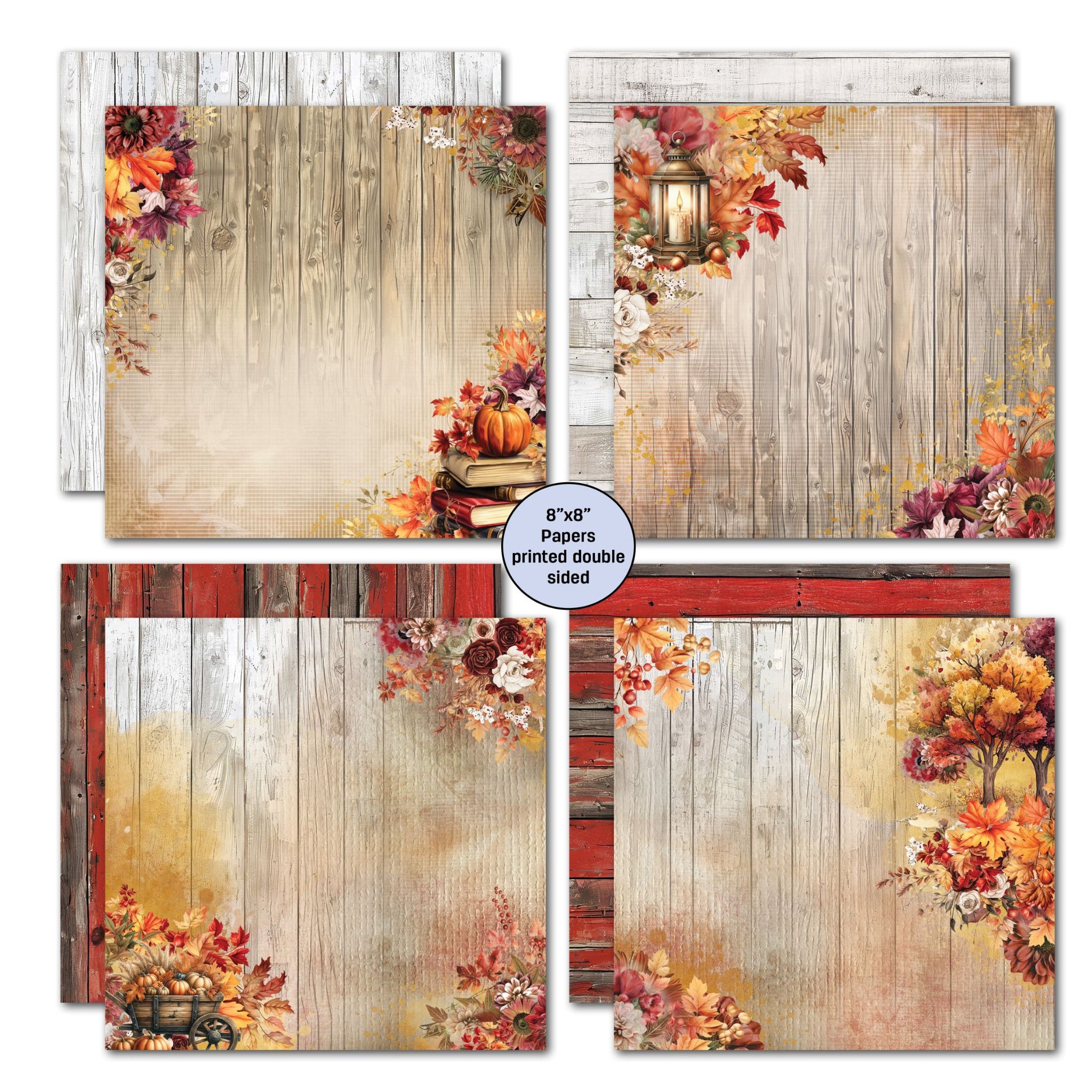 Autumn Whispers 8x8 double-sided papers set 1 – whitewashed timber backgrounds with pumpkins, lanterns, autumn florals and autumn tree