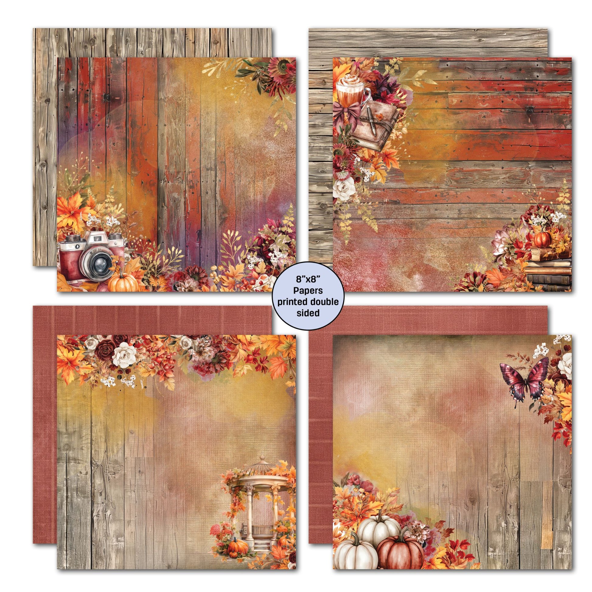 Autumn Whispers 8x8 double-sided papers set 2 – rich red barn wood and warm ochre backgrounds with vintage camera, coffee cup, pumpkins, gazebo and autumn florals