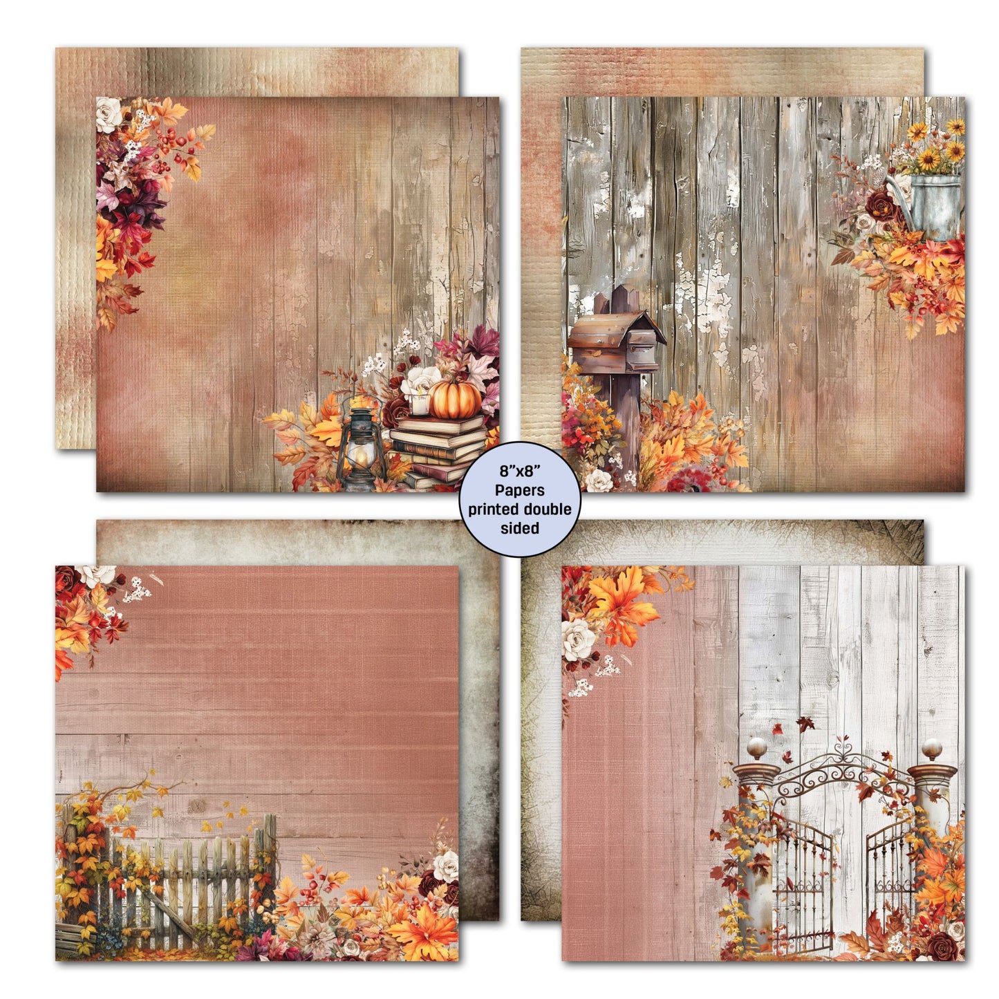 Autumn Whispers 8x8 double-sided papers set 3 – dusty rose and timber backgrounds with lantern, pumpkins, mailbox, picket fence, iron garden gate and butterfly