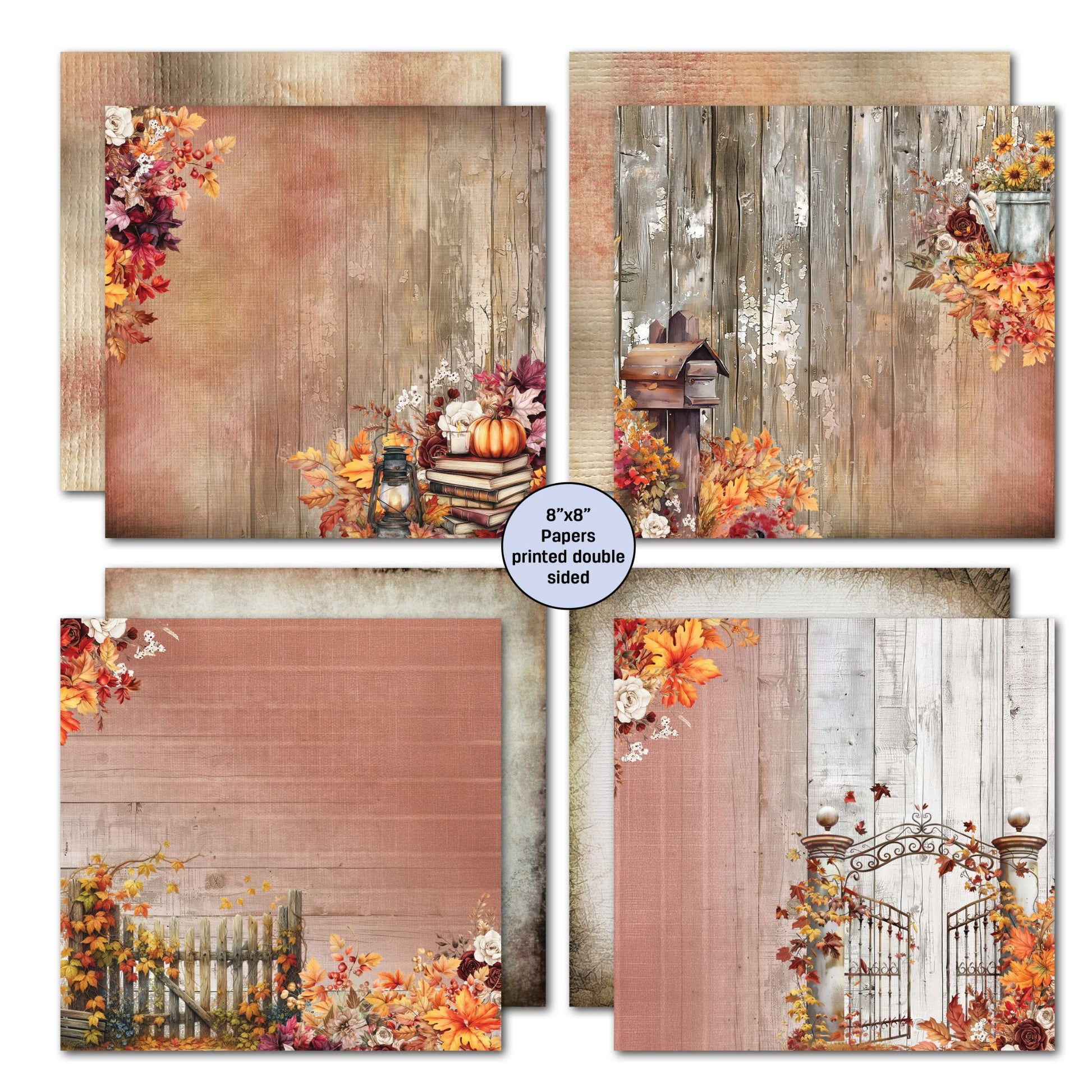 Autumn Whispers 8x8 double-sided papers set 3 – dusty rose and timber backgrounds with lantern, pumpkins, mailbox, picket fence, iron garden gate and butterfly