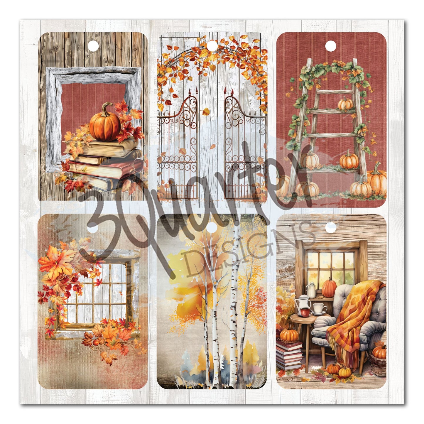 Autumn Whispers 8x8 tag page – 6 illustrated tags featuring pumpkin and book stack, iron garden gate, rustic ladder with pumpkins, autumn window, golden birch trees, and cosy armchair vignette