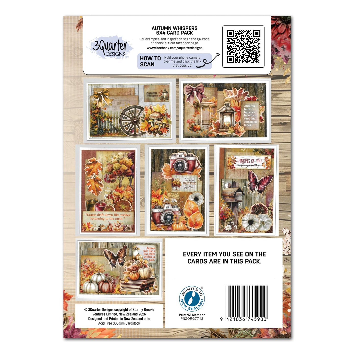 Autumn Whispers 6x4 Card Making Kit by 3Quarter Designs – back cover showing six example finished cards