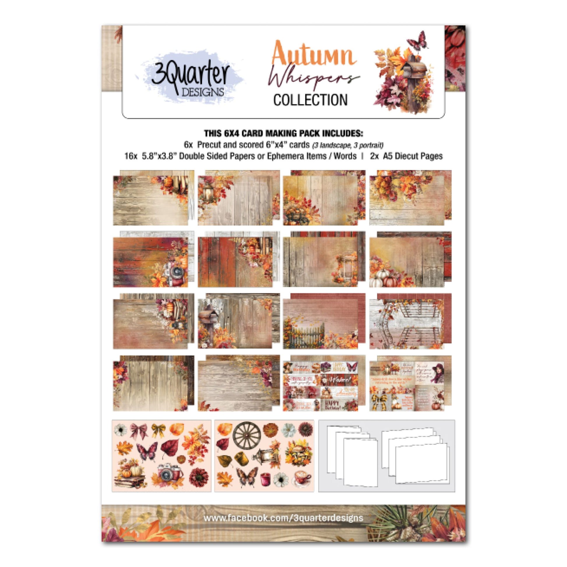 Autumn Whispers scrapbook layout sample 6 – single-photo page with rich ochre and red timber background, vintage camera, clock, birdhouse, candle, bow and autumn florals die-cut embellishments