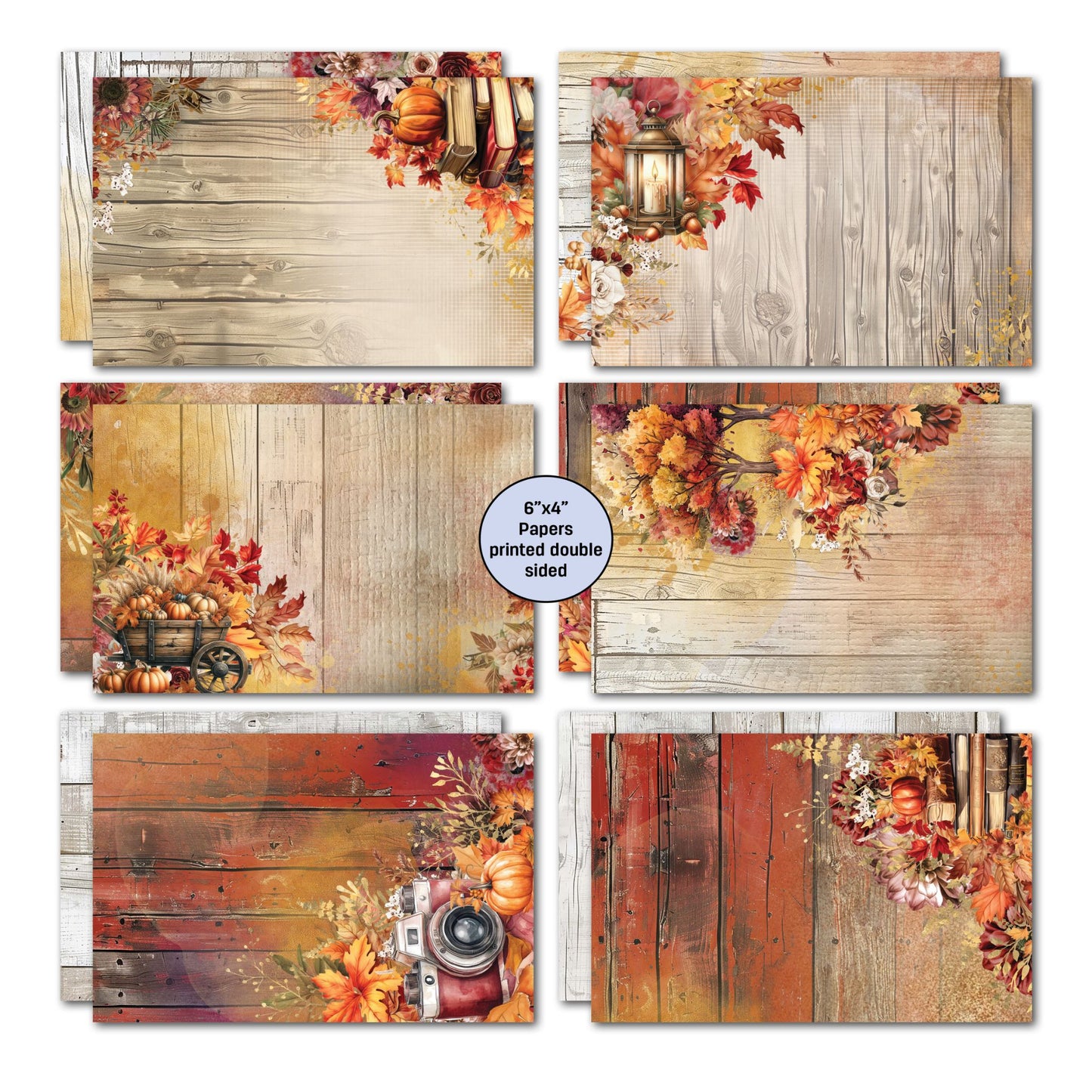 Autumn Whispers card kit 6x4 double-sided papers set 1 – warm timber backgrounds with pumpkins, lanterns, autumn florals and vintage camera