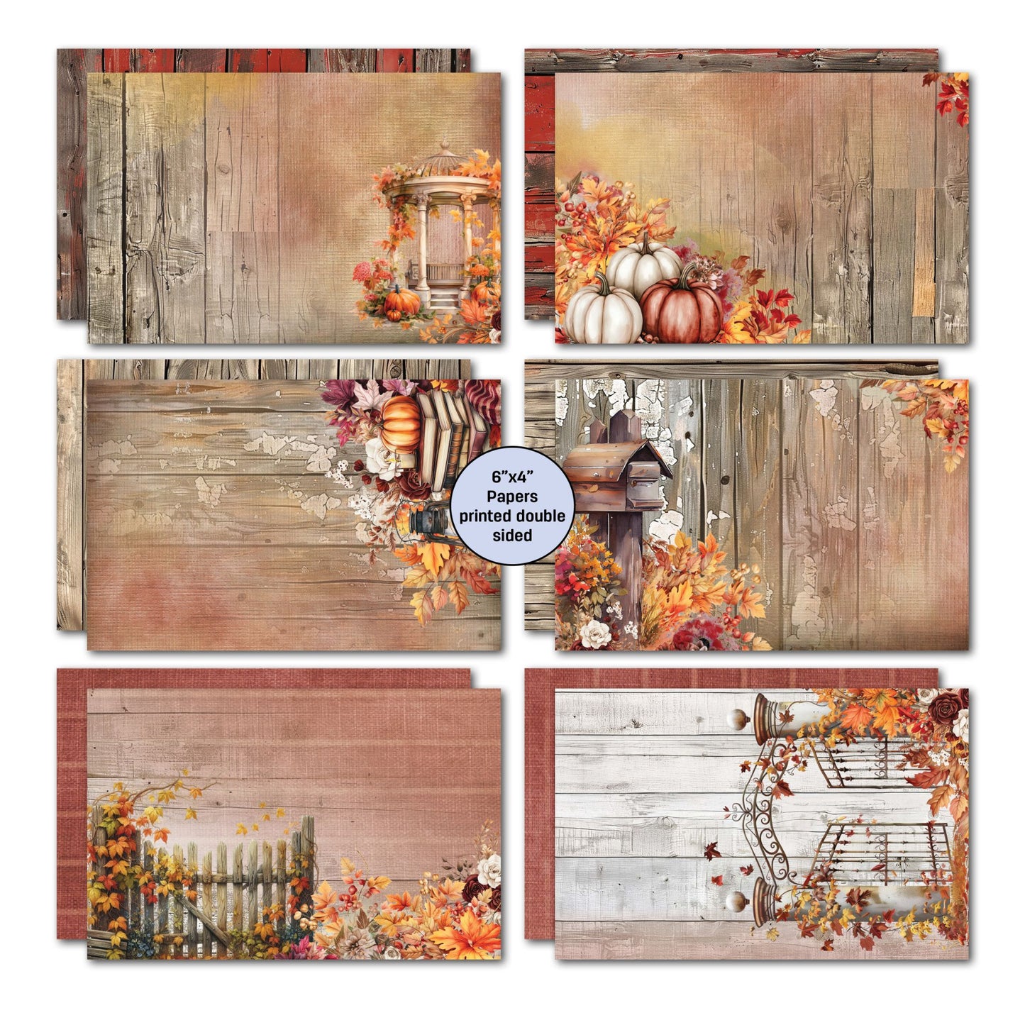 Autumn Whispers card kit 6x4 double-sided papers set 2 – rustic timber backgrounds with gazebo, pumpkins, mailbox, birdhouse and garden gate