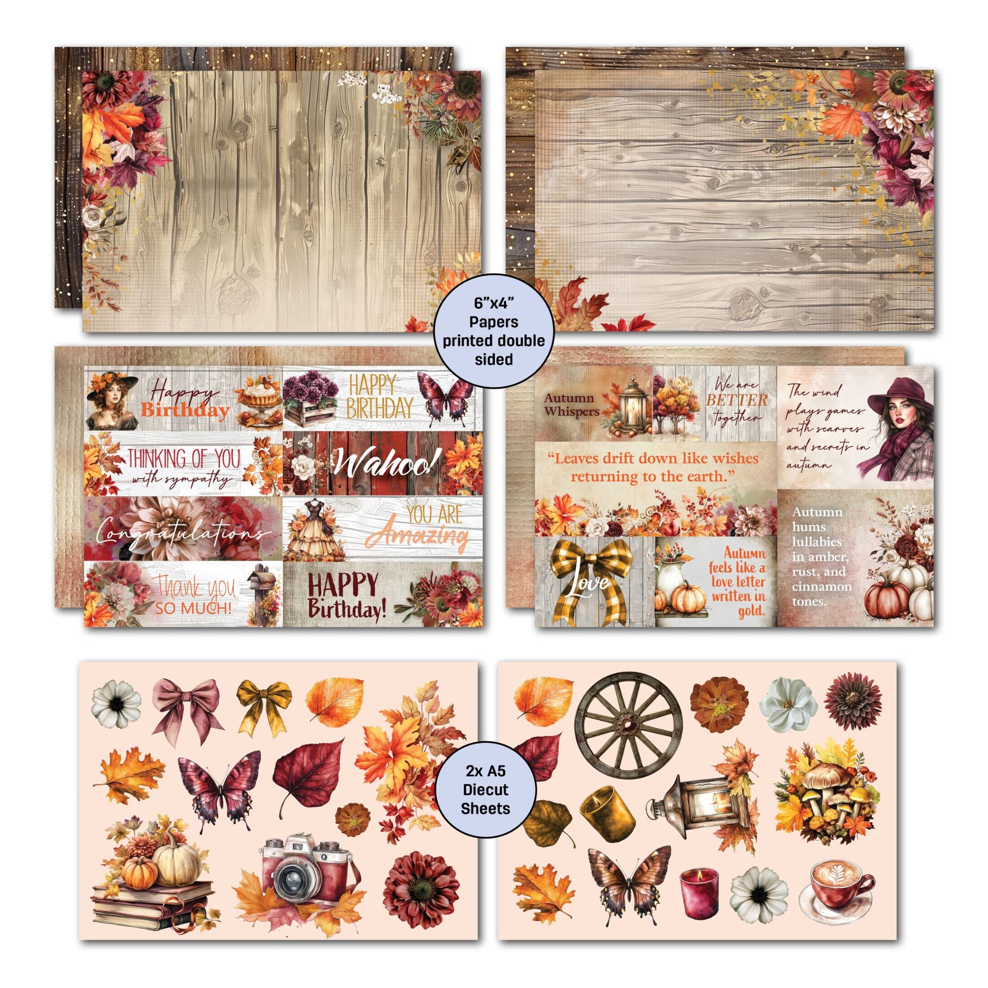 Autumn Whispers card kit words and ephemera papers plus 2x A5 die-cut sheets – featuring sentiments, autumn quotes, bows, butterflies, leaves, lantern, wagon wheel, pumpkins and vintage camera