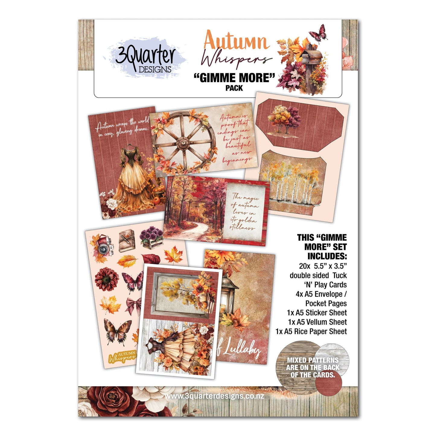 3Quarter Designs Autumn Whispers Gimme More Pack cover showing pack contents including Tuck N Play cards, sticker sheet, vellum, rice paper and envelope pocket pages