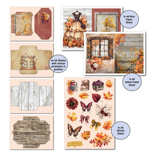 3Quarter Designs Autumn Whispers Gimme More extras showing A5 envelope pocket pages, rice paper sheet with autumn dress form, vellum sheet with rustic window scene, and sticker sheet with butterflies leaves and florals
