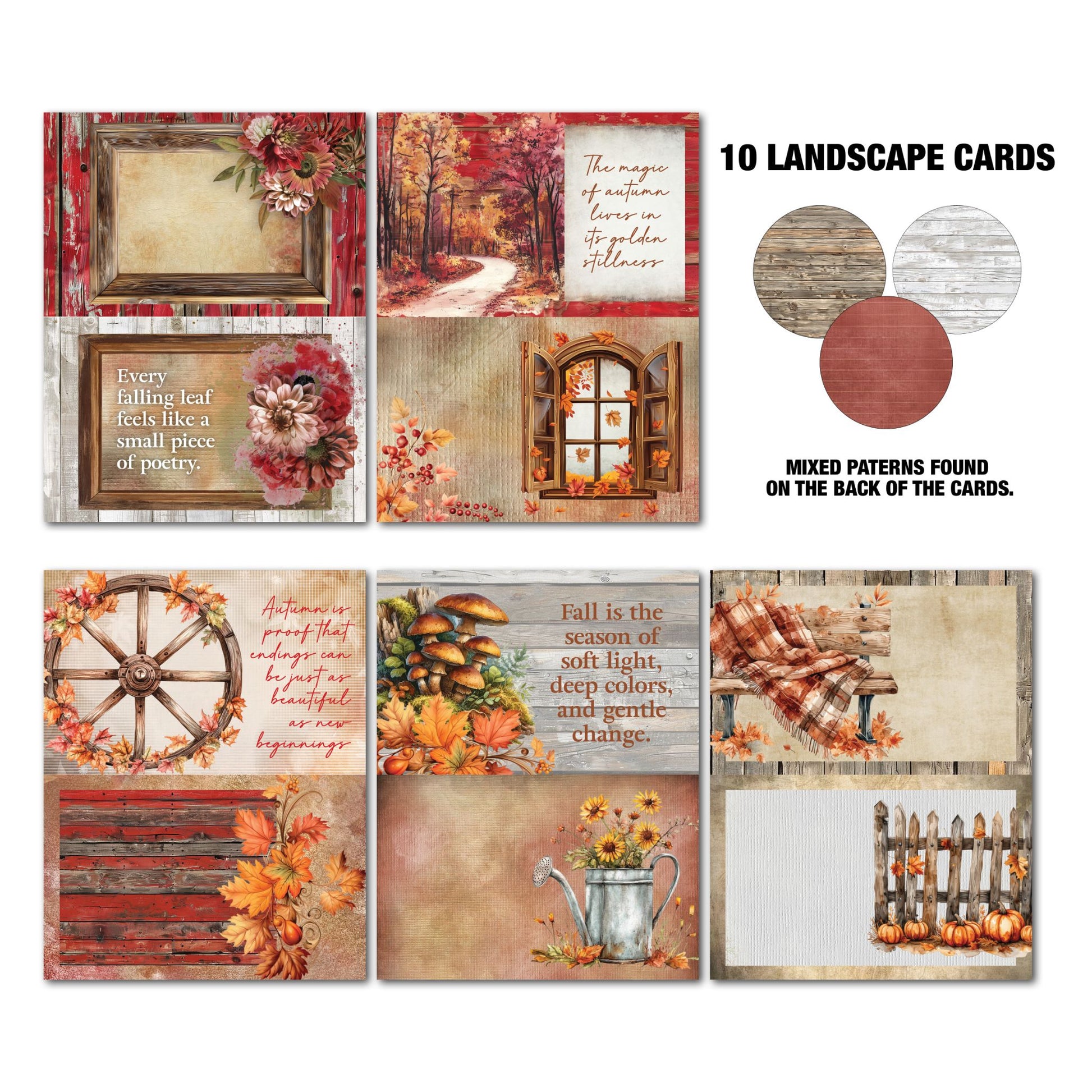 3Quarter Designs Autumn Whispers Gimme More 10 landscape Tuck N Play Cards showing autumn scenes including wagon wheel, woodland path, arched window, watering can with sunflowers, pumpkins and rustic timber textures