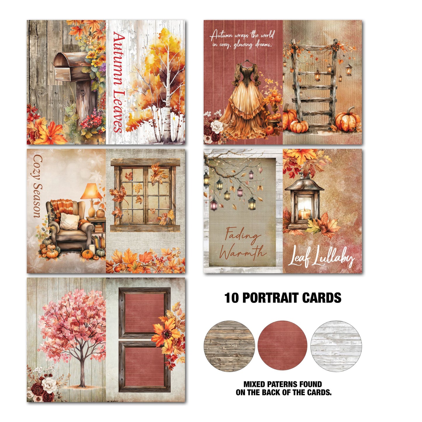 3Quarter Designs Autumn Whispers Gimme More 10 portrait Tuck N Play Cards showing autumn scenes including mailbox, autumn dress form, lanterns, cosy armchair, pink blossom tree and rustic timber door
