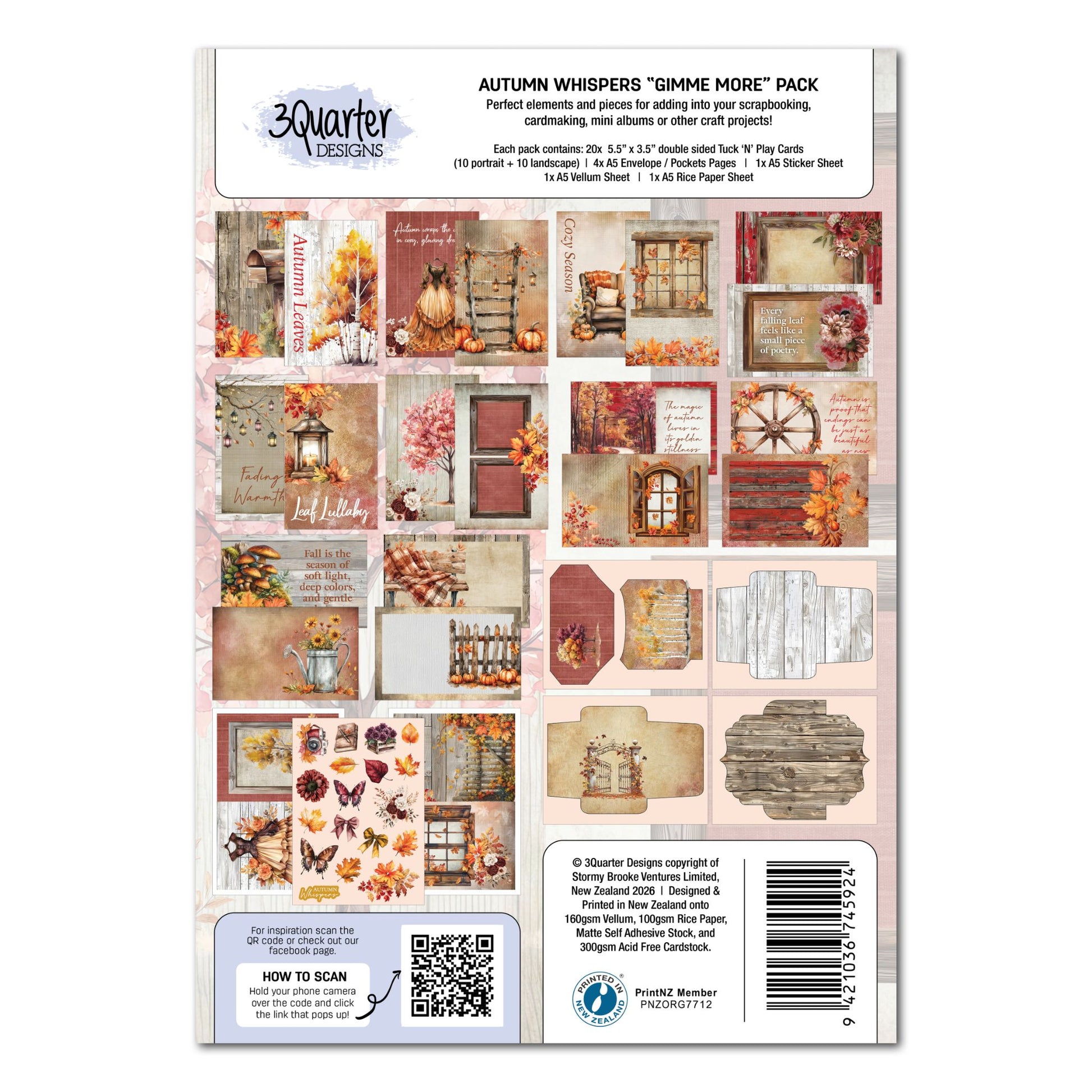 3Quarter Designs Autumn Whispers Gimme More pack reverse showing full contents overview with all 20 Tuck N Play Cards, envelope pages, sticker sheet and embellishment sheets