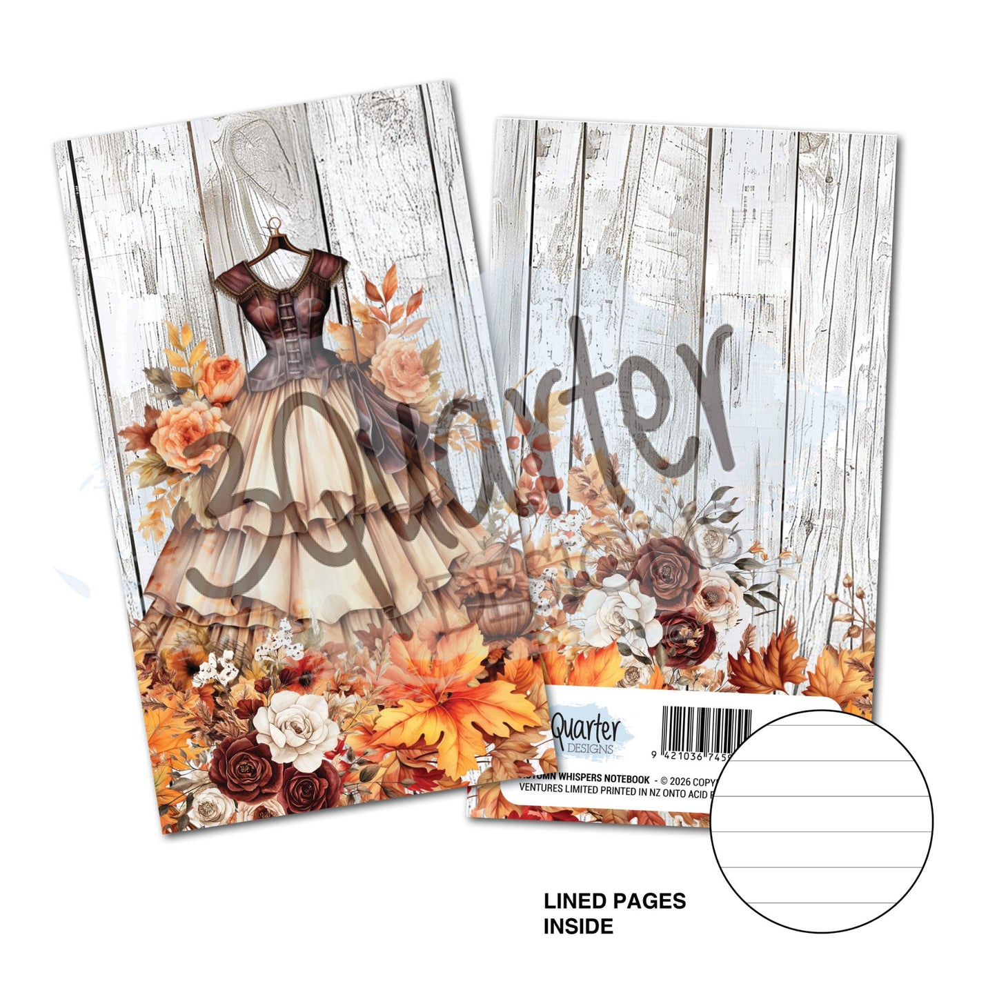 3Quarter Designs Autumn Whispers Mini Notebook showing front cover with autumn dress form surrounded by peach and burgundy roses and golden maple leaves on whitewashed timber background with lined pages inside
