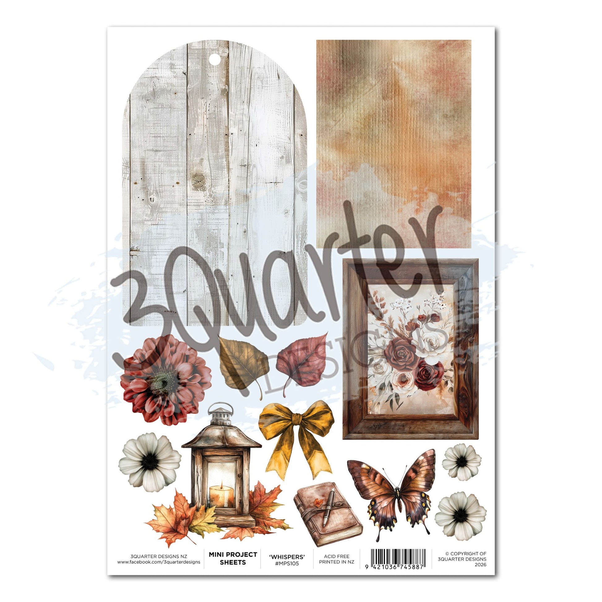 3Quarter Designs Autumn Whispers Mini Project Sheet showing arched timber tag, rust textured panel, framed floral artwork, dahlias, anemones, lantern, gold bow, journal, copper butterfly and autumn leaves