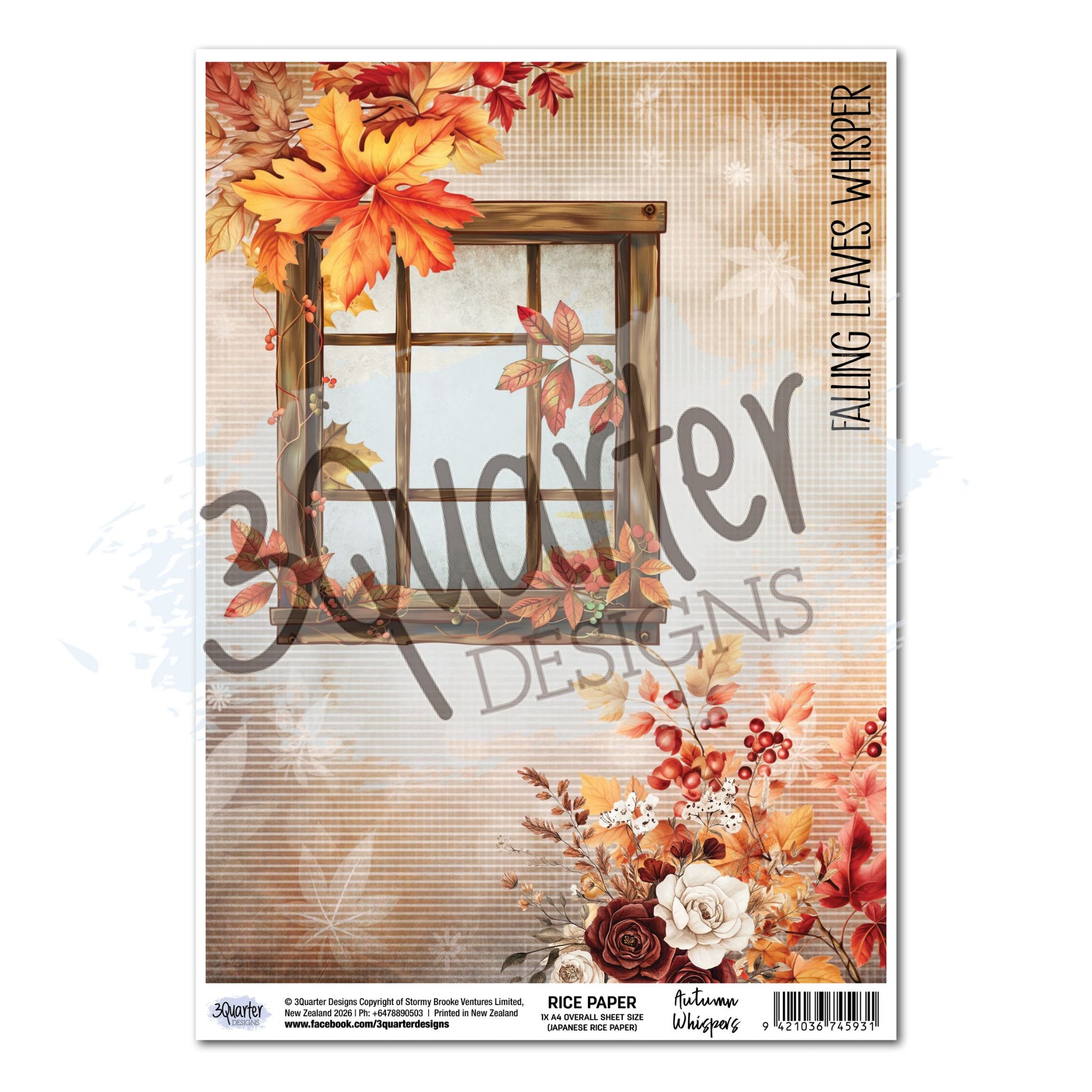 3Quarter Designs Autumn Whispers A4 rice paper showing rustic wooden window frame with amber and red maple leaves and cream roses with red berries on warm golden crosshatch background