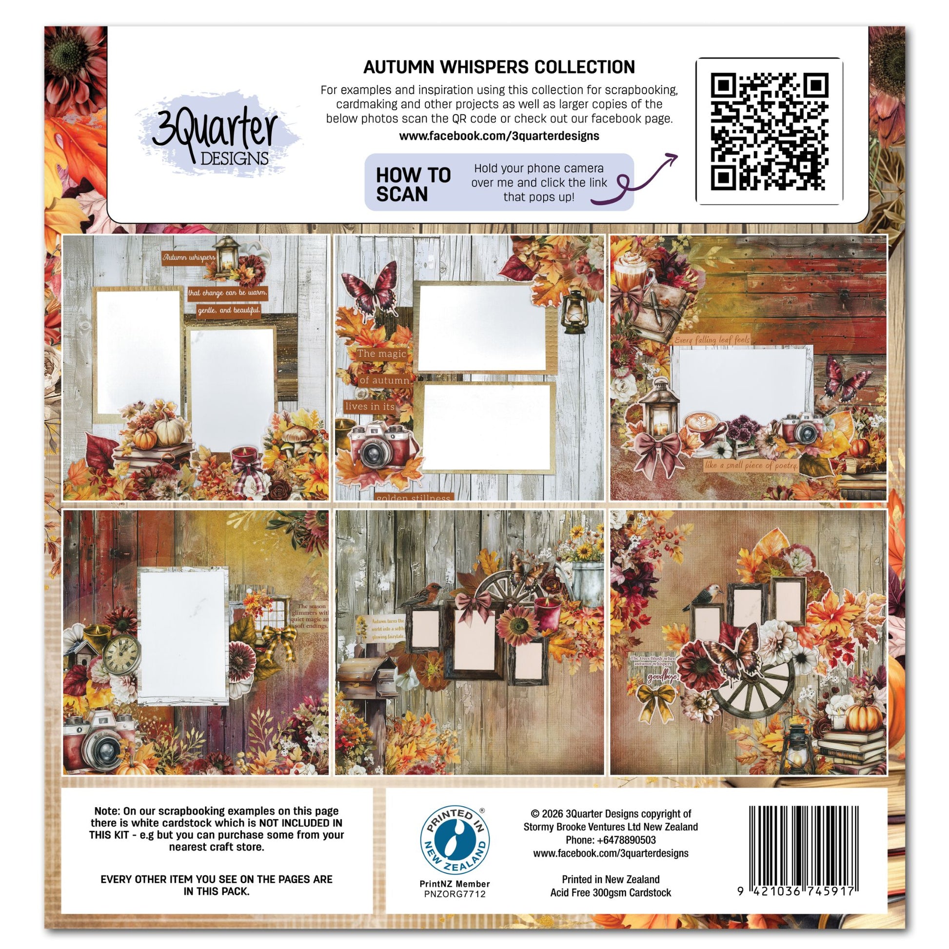 Autumn Whispers Collection by 3Quarter Designs – back cover showing six example scrapbook layout pages