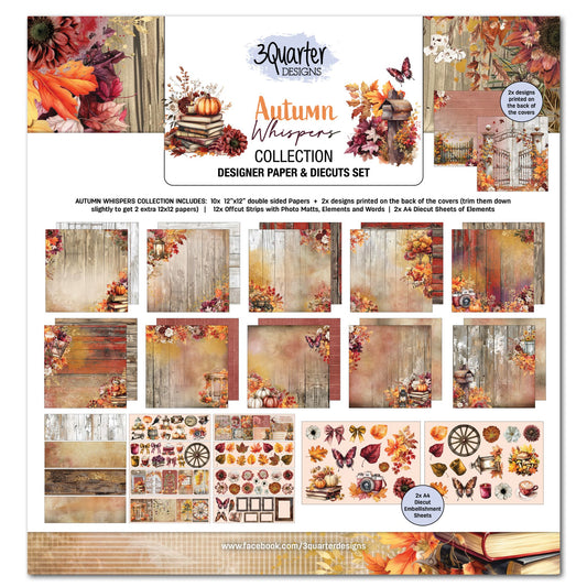 Autumn Whispers Collection Designer Paper & Diecuts Set by 3Quarter Designs – front cover showing full kit contents
