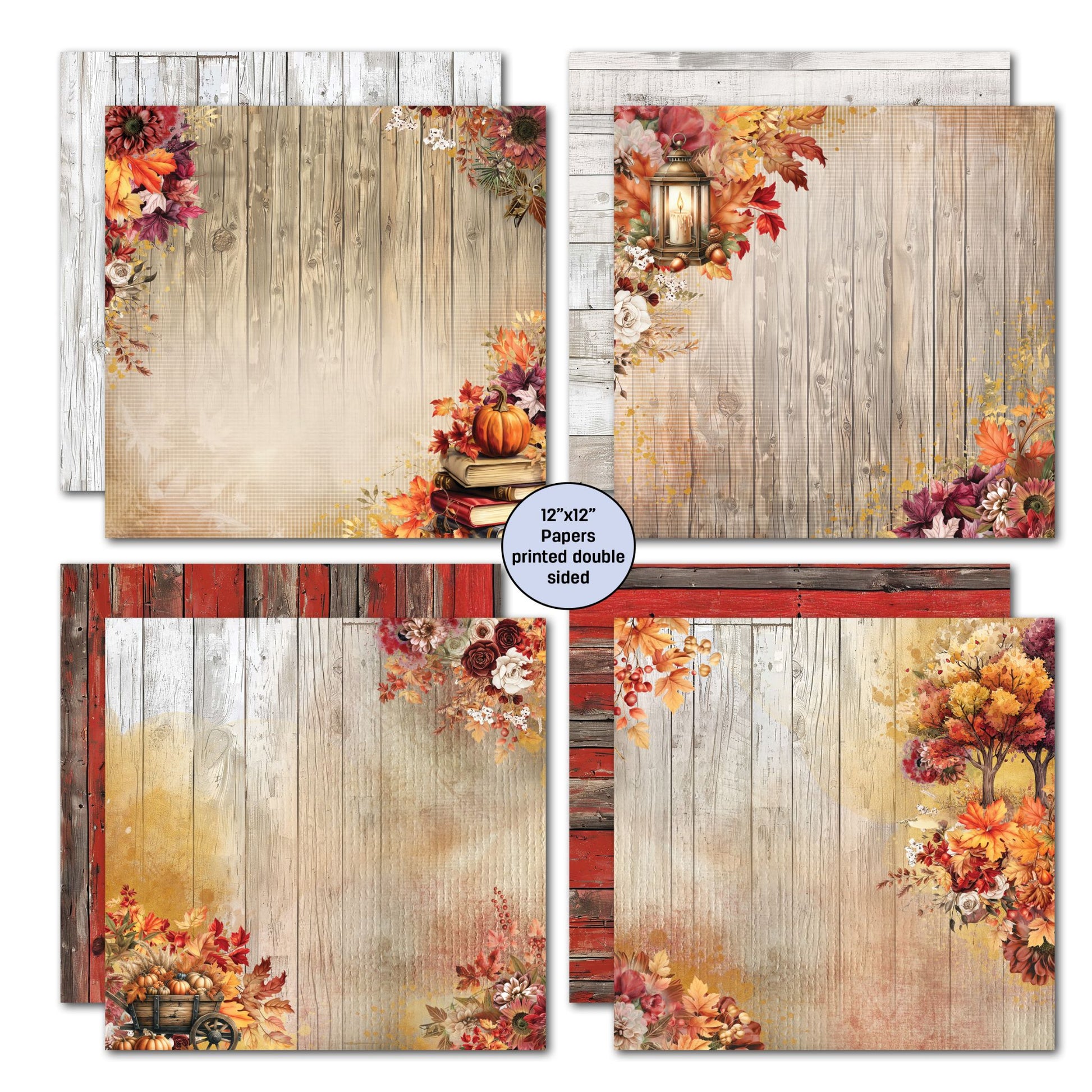Autumn Whispers 12x12 double-sided papers set 1 – whitewashed timber and warm floral backgrounds with pumpkins and lanterns