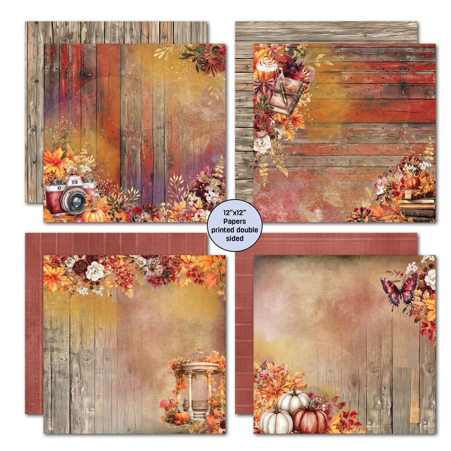 Autumn Whispers 12x12 double-sided papers set 2 – rustic barn wood and ochre toned backgrounds with autumn florals and vintage camera