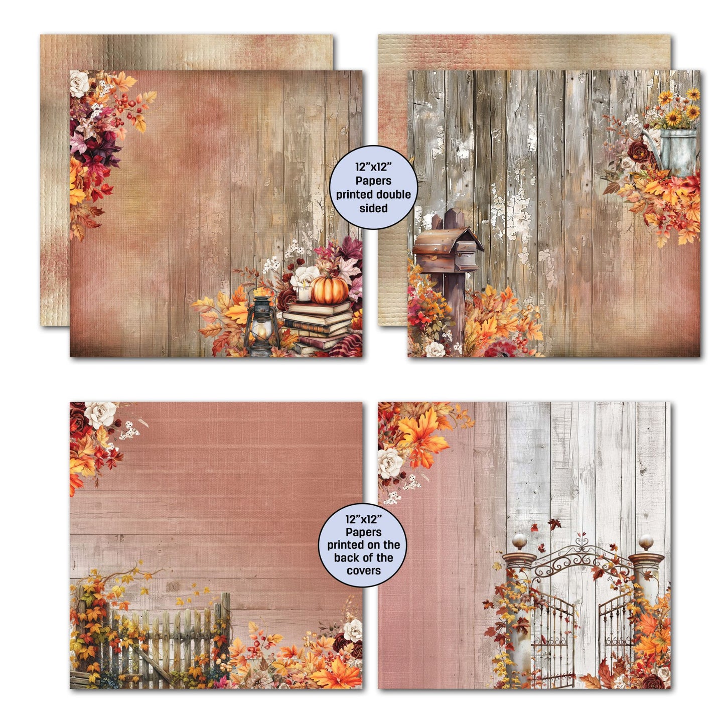 Autumn Whispers 12x12 double-sided papers set 3 – dusty rose and timber backgrounds with garden gates, mailbox, and autumn botanicals