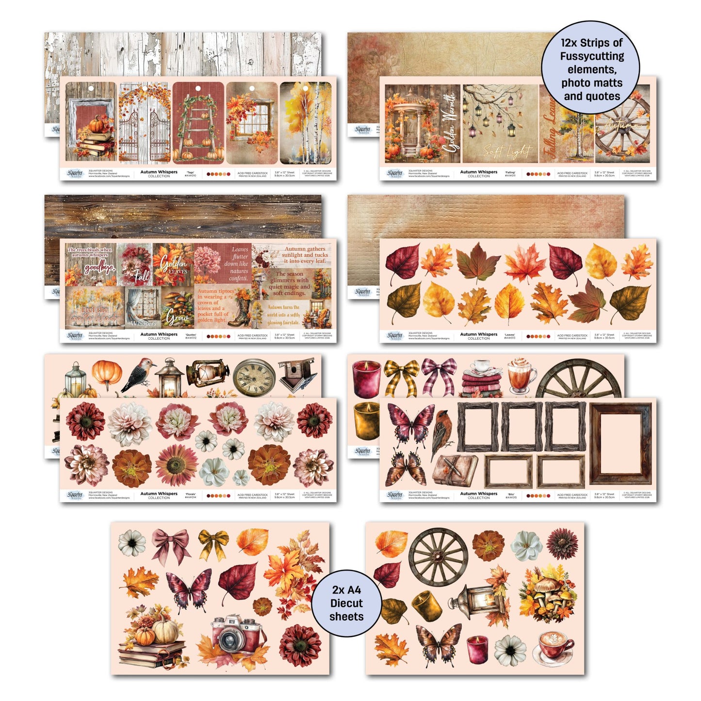 Autumn Whispers offcut strips and A4 die-cut embellishment sheets – featuring leaves, butterflies, florals, frames, lanterns, pumpkins and autumn quotes
