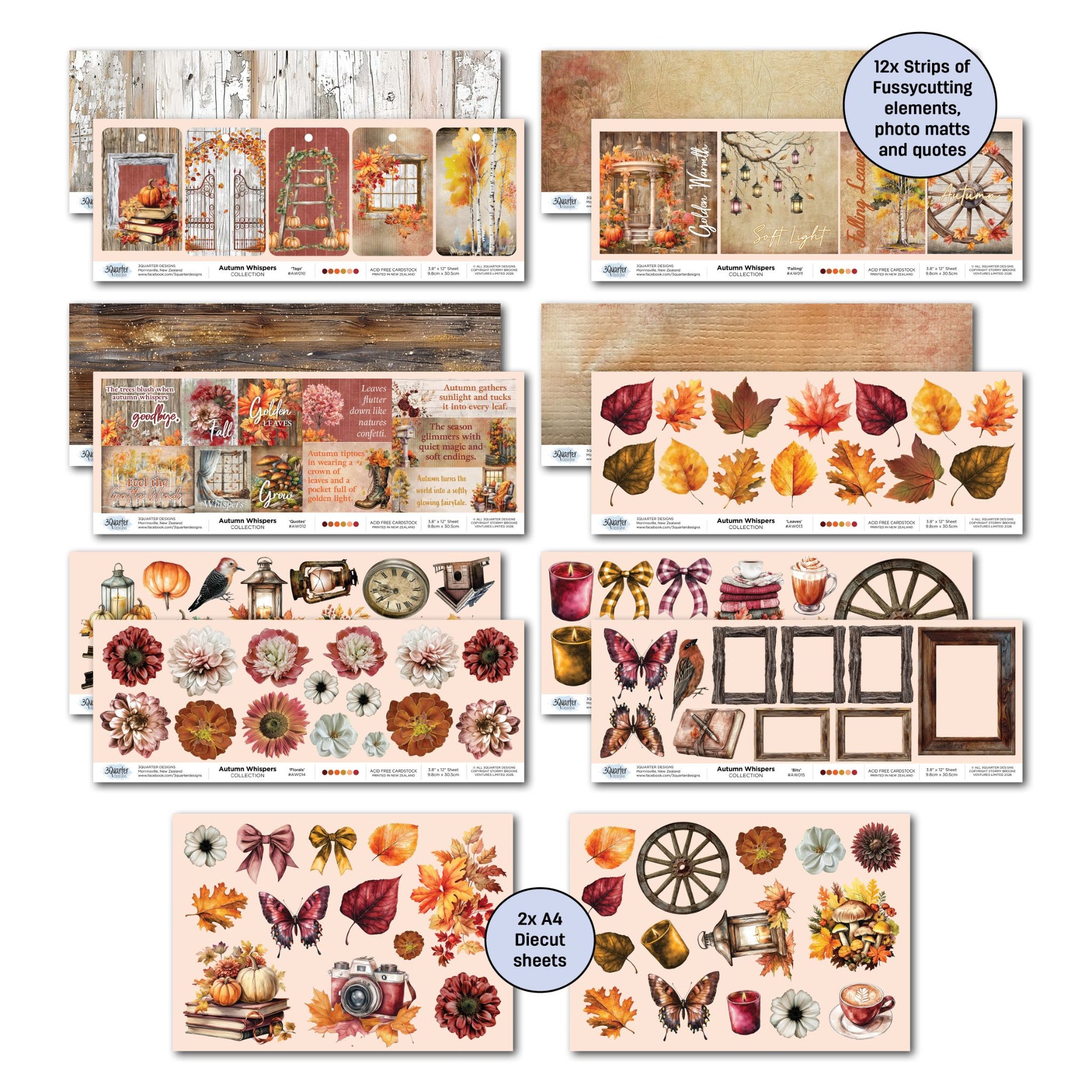 Autumn Whispers offcut strips and A4 die-cut embellishment sheets – featuring leaves, butterflies, florals, frames, lanterns, pumpkins and autumn quotes