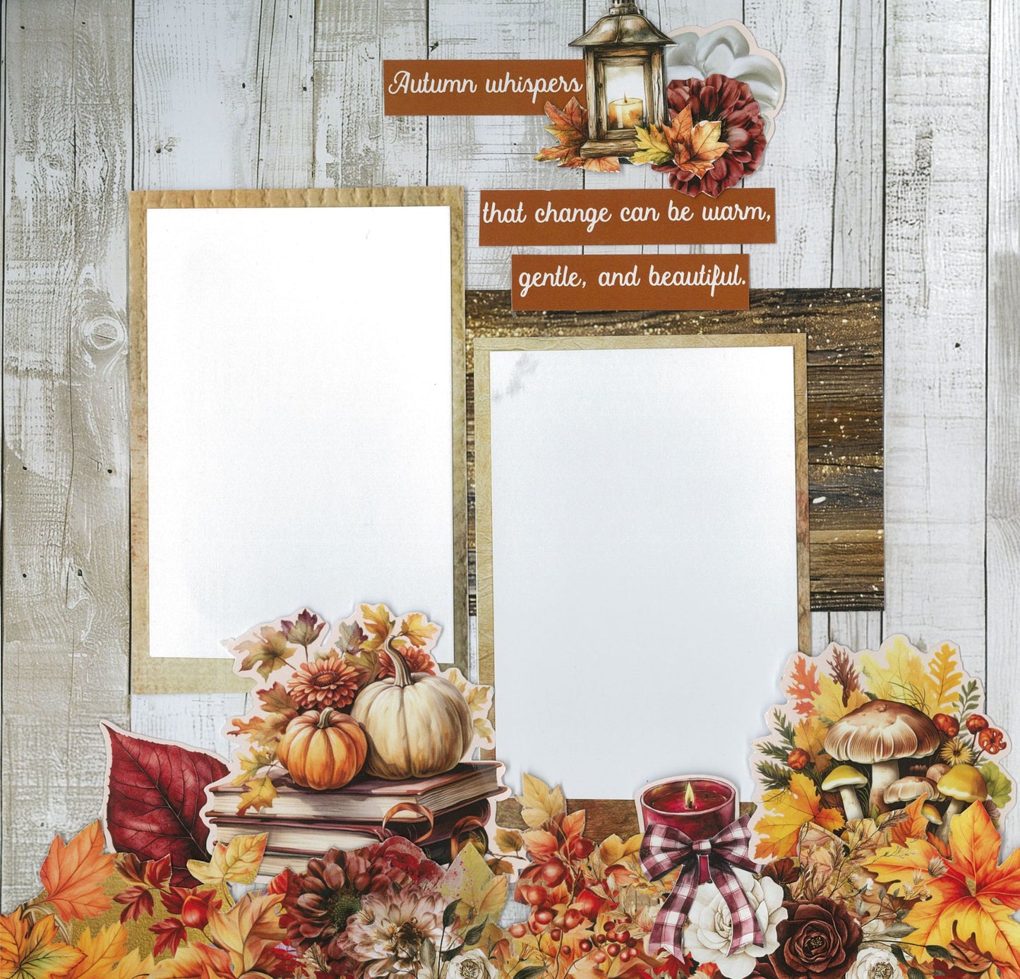 Autumn Whispers scrapbook layout sample 1 – two-photo page with whitewashed timber background, pumpkins, autumn leaves, lantern, candle and mushroom die-cut embellishments