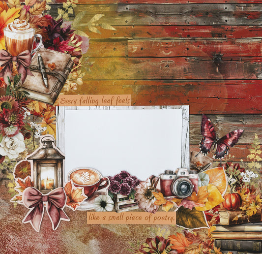 Autumn Whispers scrapbook layout sample 2 – single-photo page with rustic red barn wood background, lantern, butterfly, vintage camera, coffee cup and autumn quote die-cut embellishments