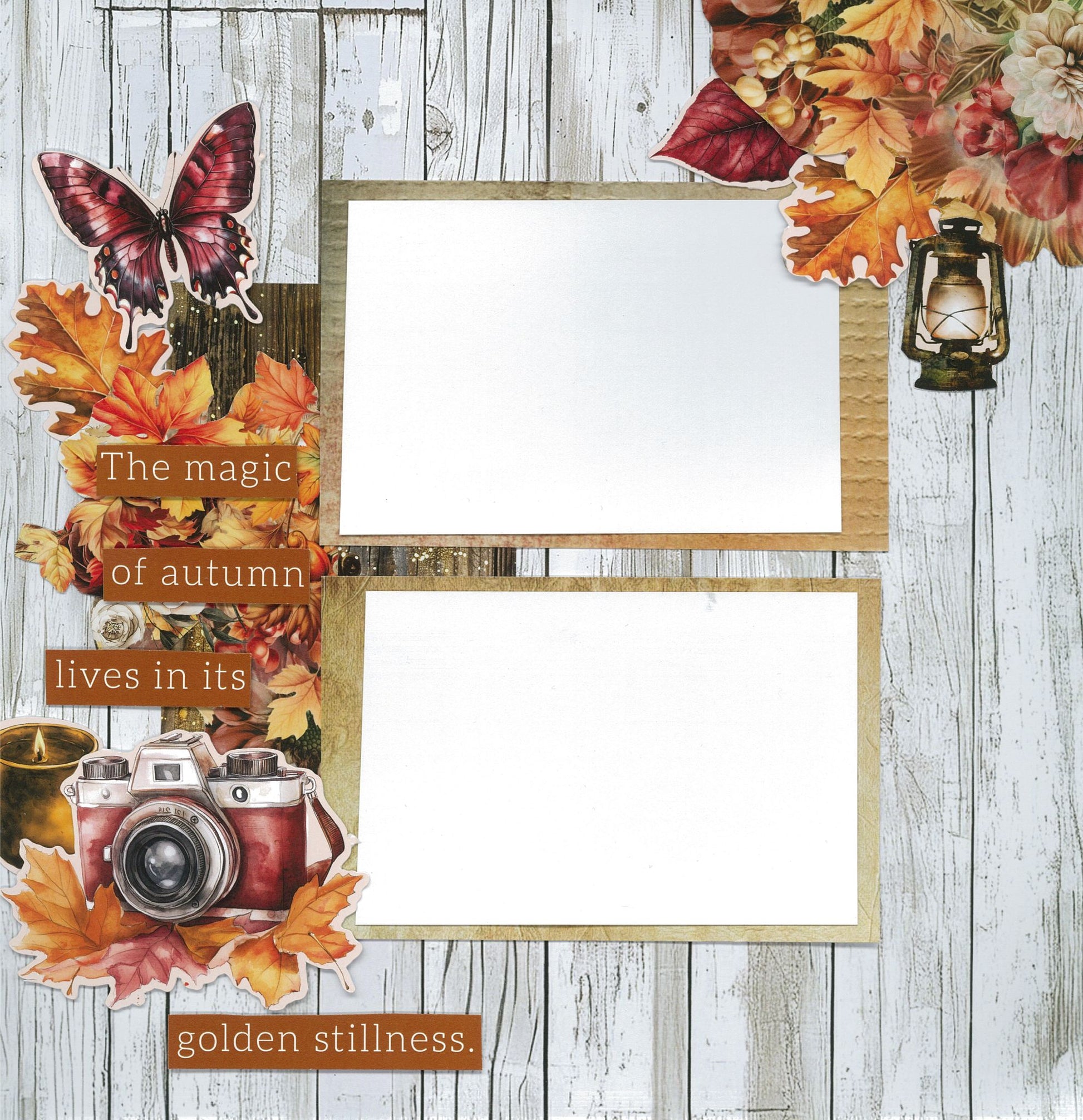 Autumn Whispers scrapbook layout sample 3 – two-photo page with whitewashed timber background, butterfly, vintage camera, lantern and autumn leaves die-cut embellishments