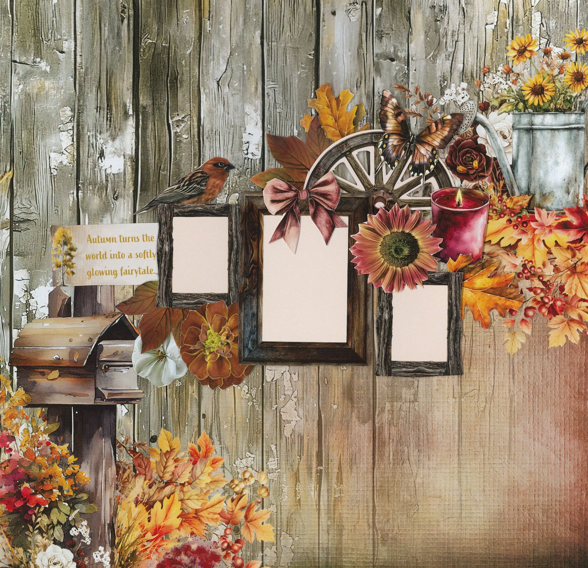 Autumn Whispers scrapbook layout sample 4 – three-photo page with weathered grey timber background, robin, wagon wheel, sunflower, bow, candle and mailbox die-cut embellishments