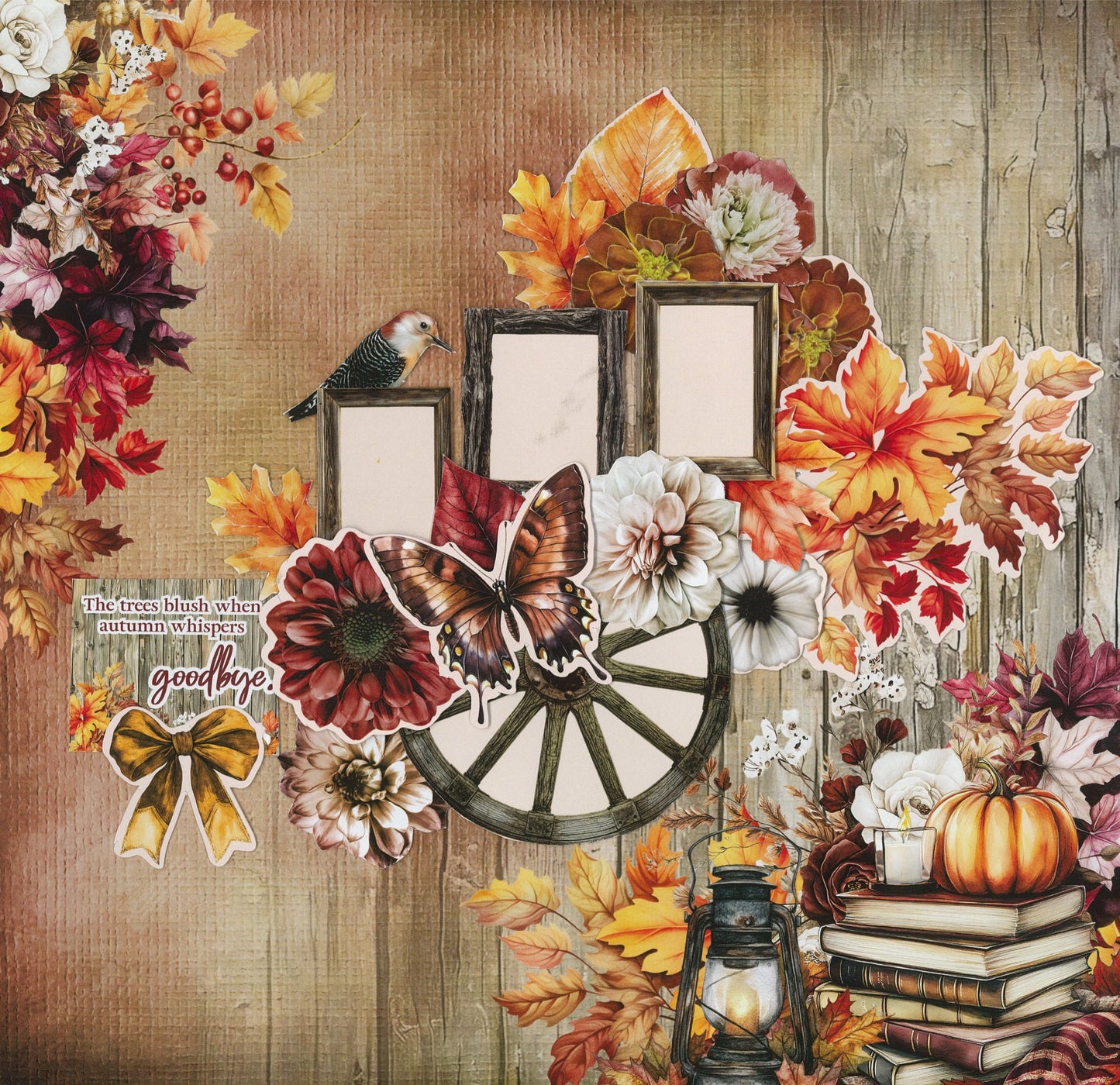 Autumn Whispers scrapbook layout sample 5 – three-photo page with warm timber background, butterfly, wagon wheel, woodpecker, pumpkin, lantern and autumn florals die-cut embellishments