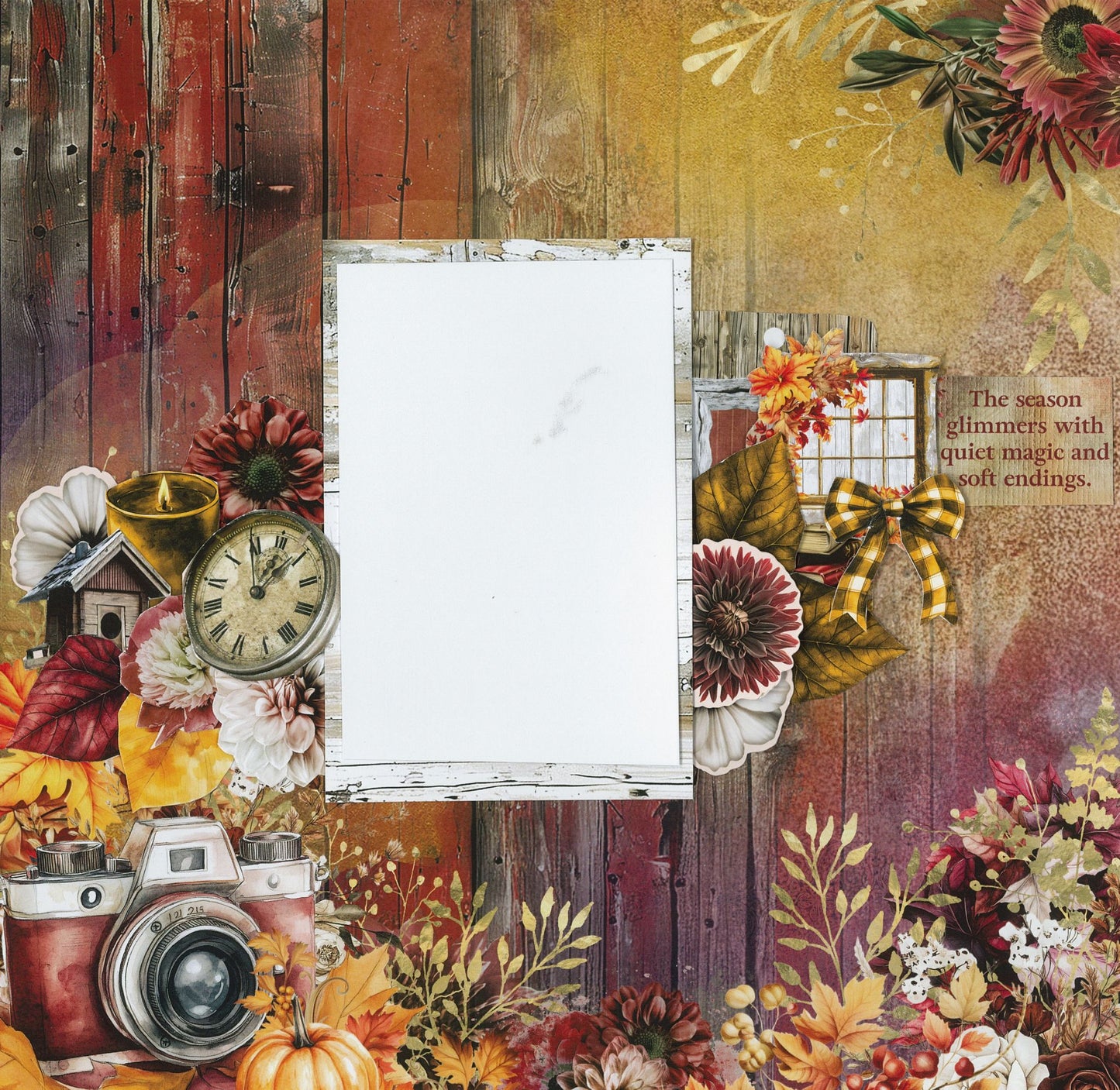 Autumn Whispers scrapbook layout sample 6 – single-photo page with rich ochre and red timber background, vintage camera, clock, birdhouse, candle, bow and autumn florals die-cut embellishments