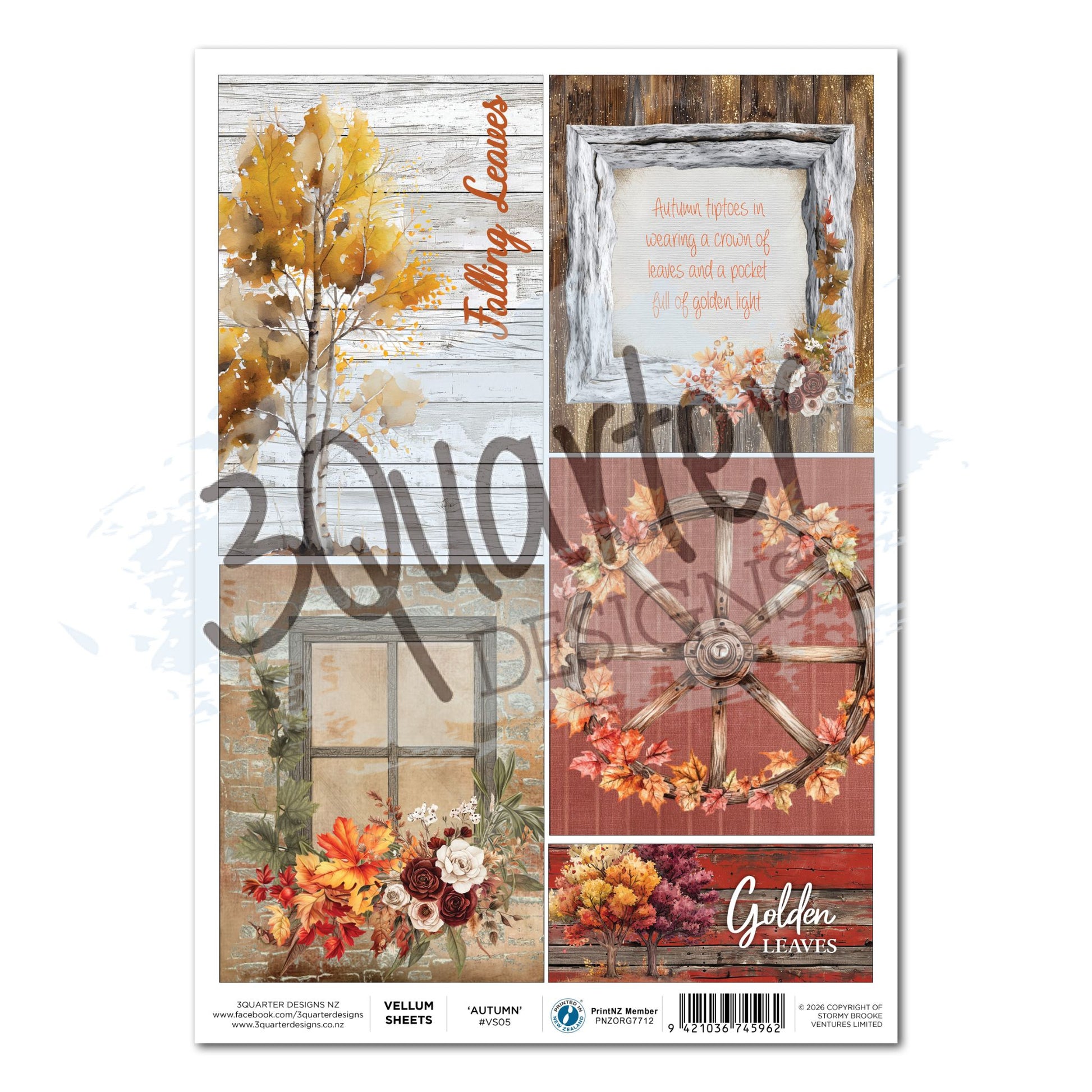 3Quarter Designs Autumn Whispers A4 vellum sheet showing five cut-apart panels including Falling Leaves birch tree, rustic window with florals, timber quote frame, wagon wheel wreath on red timber and Golden Leaves foliage banner