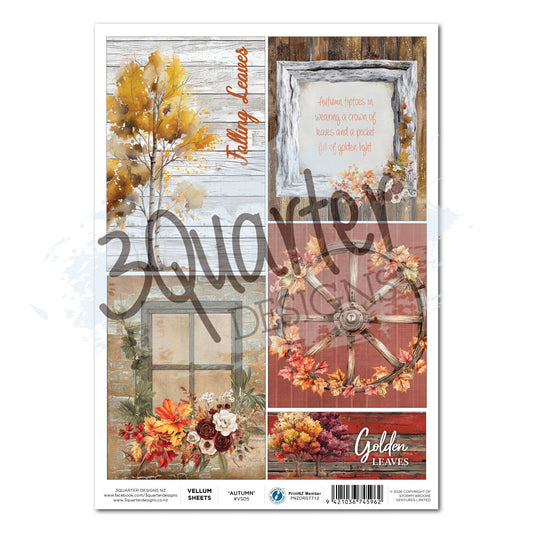 3Quarter Designs Autumn Whispers A4 vellum sheet showing five cut-apart panels including Falling Leaves birch tree, rustic window with florals, timber quote frame, wagon wheel wreath on red timber and Golden Leaves foliage banner