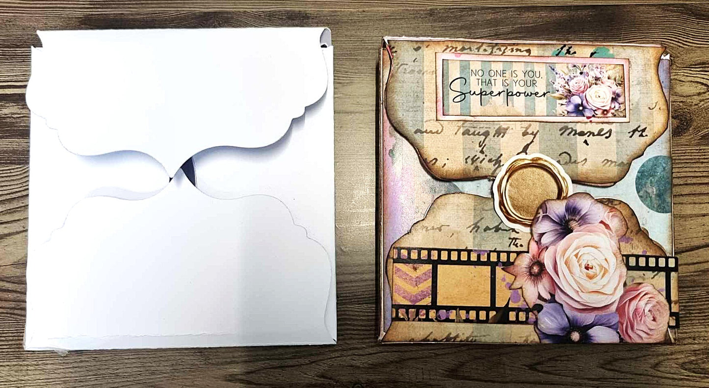 3Quarter Designs 4x4 Shadow Box assembled with Teenage Dream paper collection and wax seal