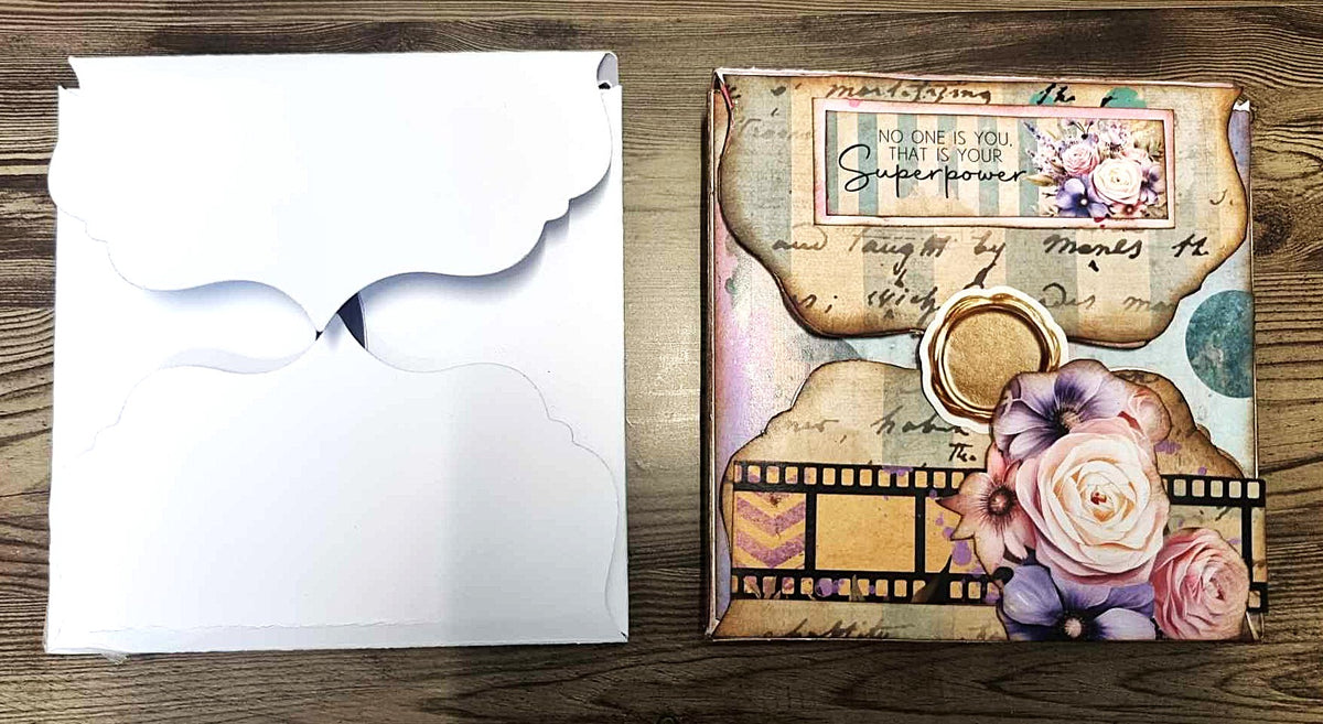 3Quarter Designs 4x4 Shadow Box assembled with Teenage Dream paper collection and wax seal