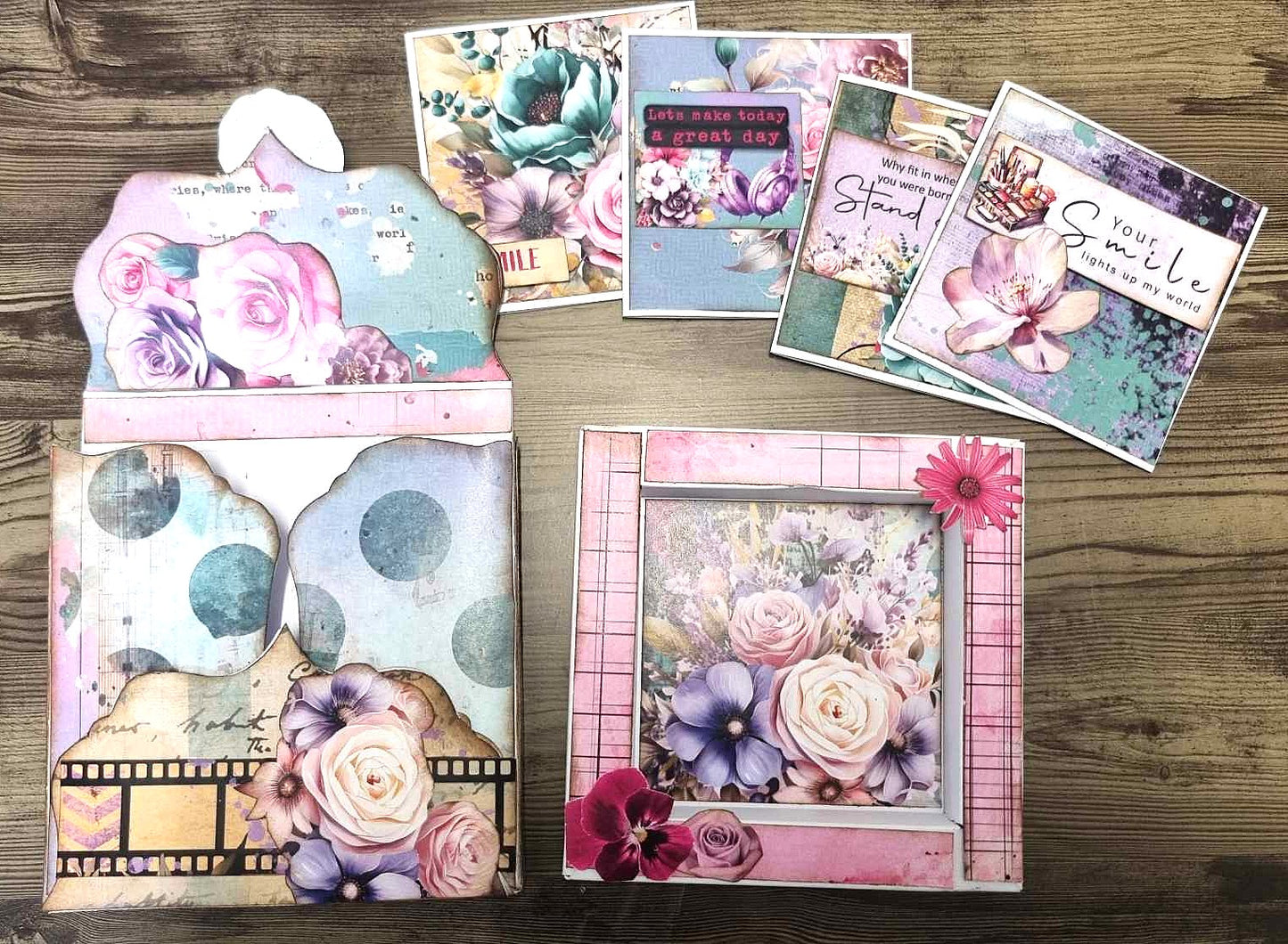 3Quarter Designs 4x4 Shadow Box completed project with 4 cards and envelope