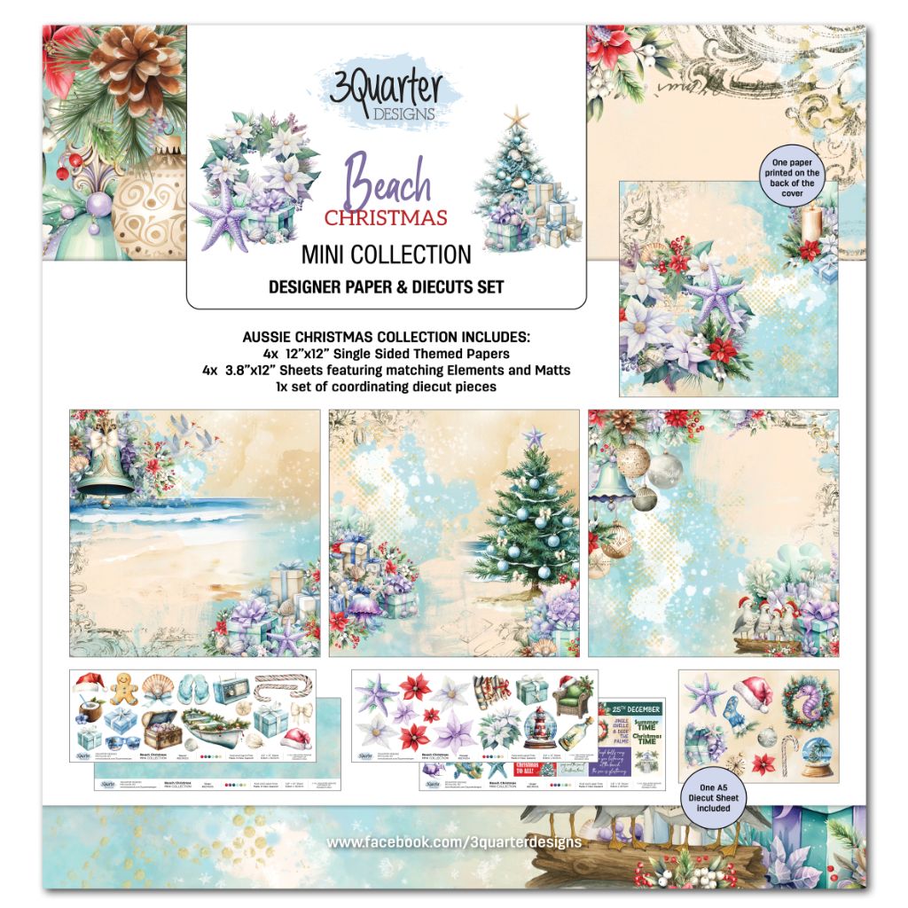 Beach Christmas Mini Collection by 3Quarter Designs – festive paper crafting set with coastal-themed Christmas papers and diecuts including ornaments, seashells, trees, and floral accents.