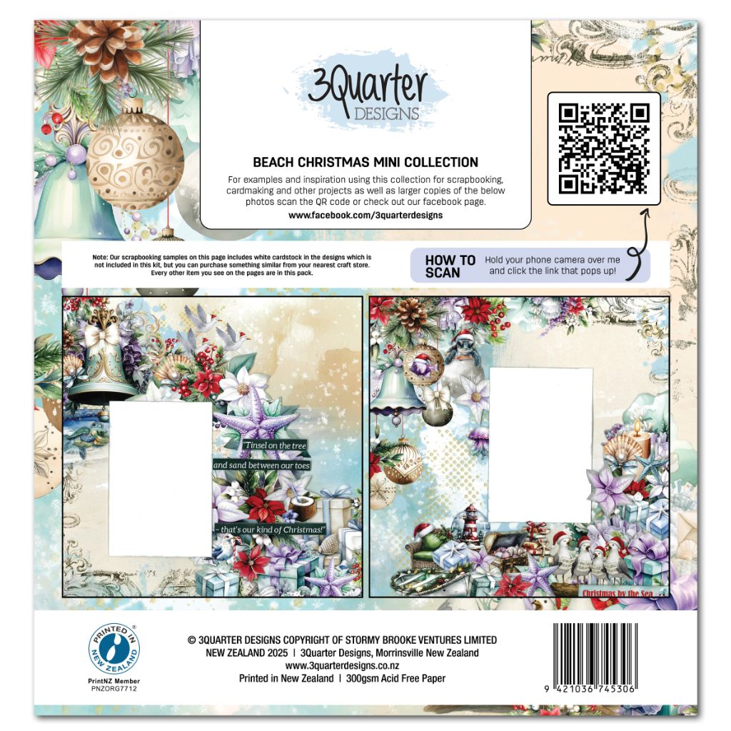 Back cover of Beach Christmas Mini Collection – coastal holiday scrapbook inspiration with seashells, poinsettias, and festive quotes. Includes QR code for project ideas and product details.