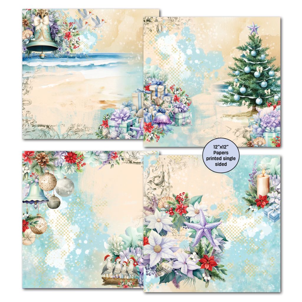 Set of four single-sided 12x12 papers from Beach Christmas Mini Collection – featuring beach scenes, Christmas trees, birds in Santa hats, and festive coastal arrangements.
