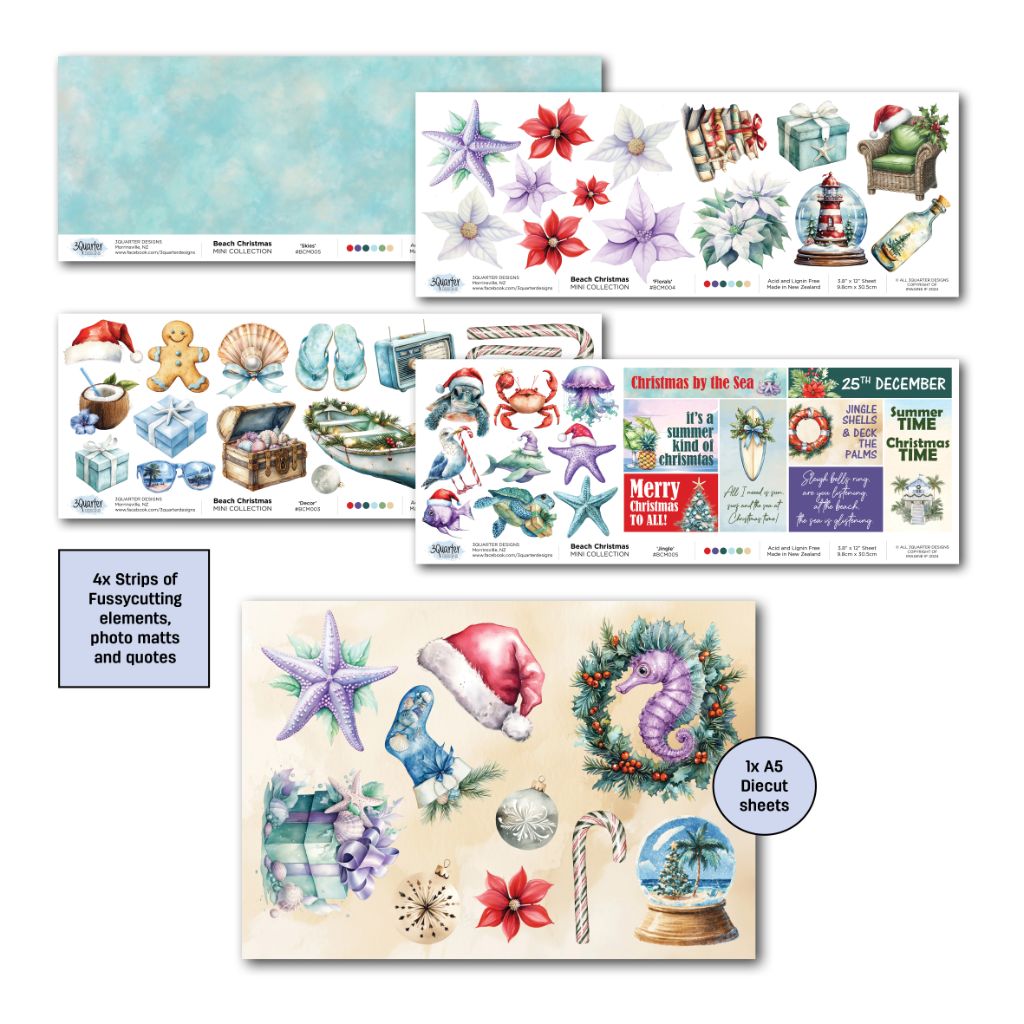 Beach Christmas Mini Collection embellishments – fussycutting strips and A5 diecut sheet with quotes, shells, crabs, ornaments, and tropical Christmas motifs.