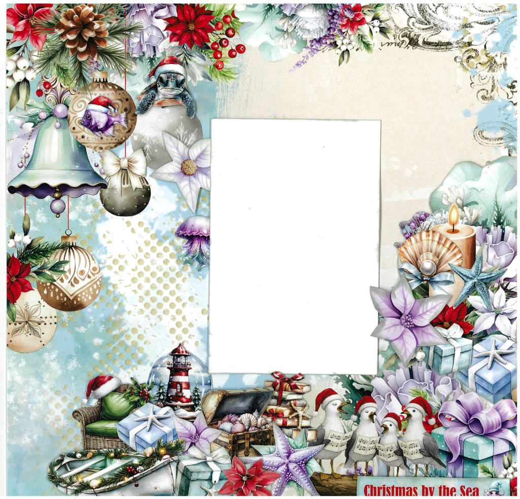 Christmas by the Sea scrapbook page – blank centre for photo or message, surrounded by ornaments, birds in Santa hats, seashells, candles, and a lighthouse snow globe.