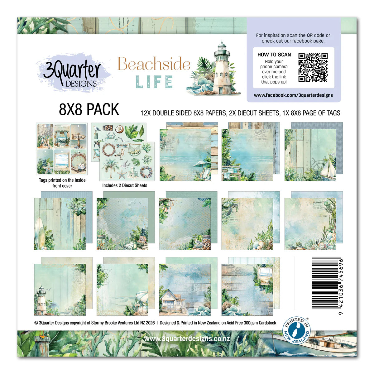 Beachside Life 8x8 Paper Pack by 3Quarter Designs showing coastal lighthouse, beach umbrella, and tropical foliage designs with die-cut sheets