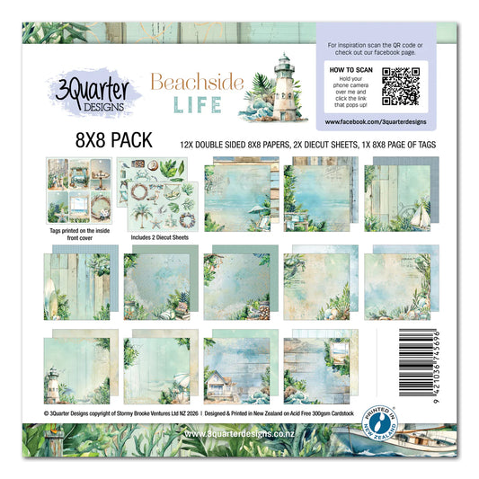 Beachside Life 8x8 Paper Pack by 3Quarter Designs showing coastal lighthouse, beach umbrella, and tropical foliage designs with die-cut sheets