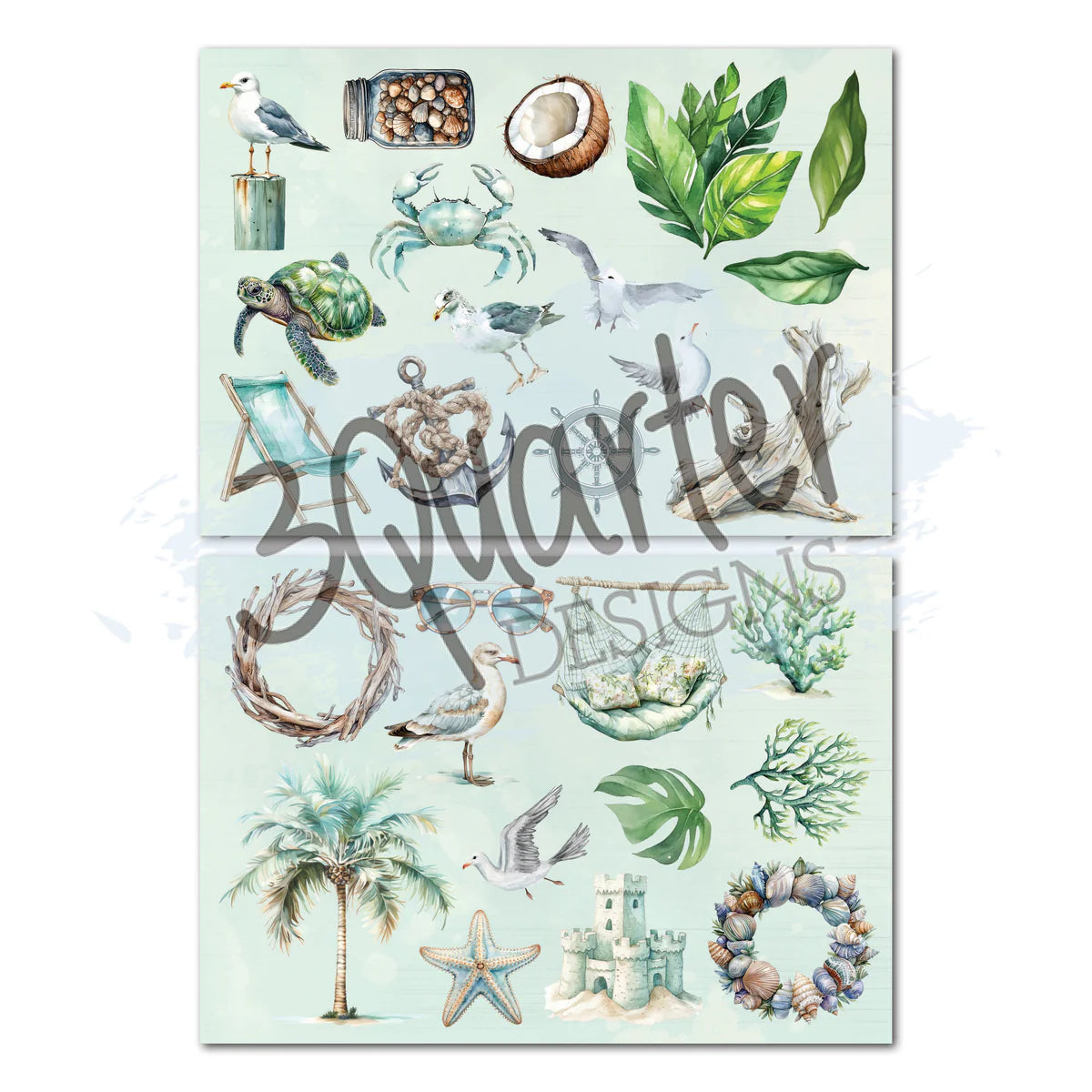 Beachside Life die-cut embellishment sheets featuring seashells, crabs, sea turtles, tropical leaves, wreaths, frames, and coastal décor elements
